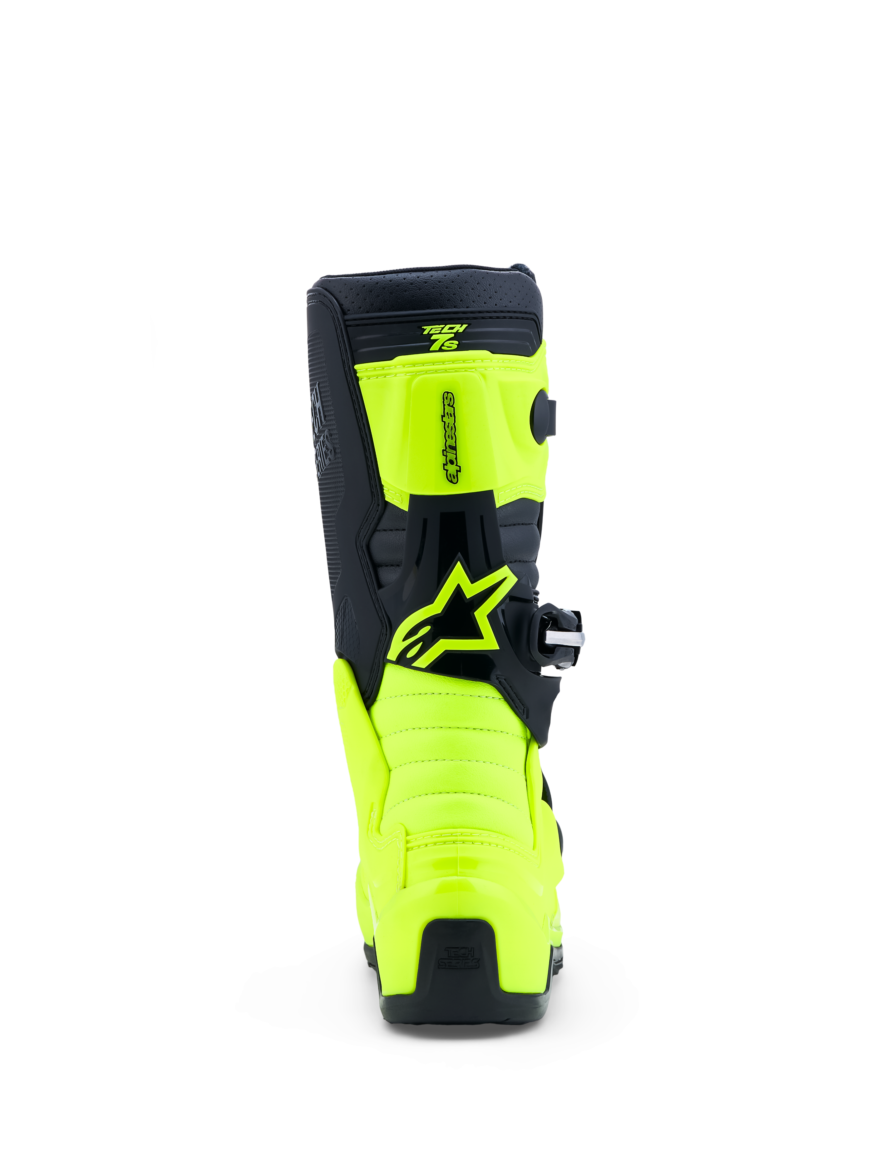 Alpinestars Stivali Tech 7S Ragazzo, stivali da motocross giallo fluo e neri, vista posteriore con pannelli in TPU e logo.