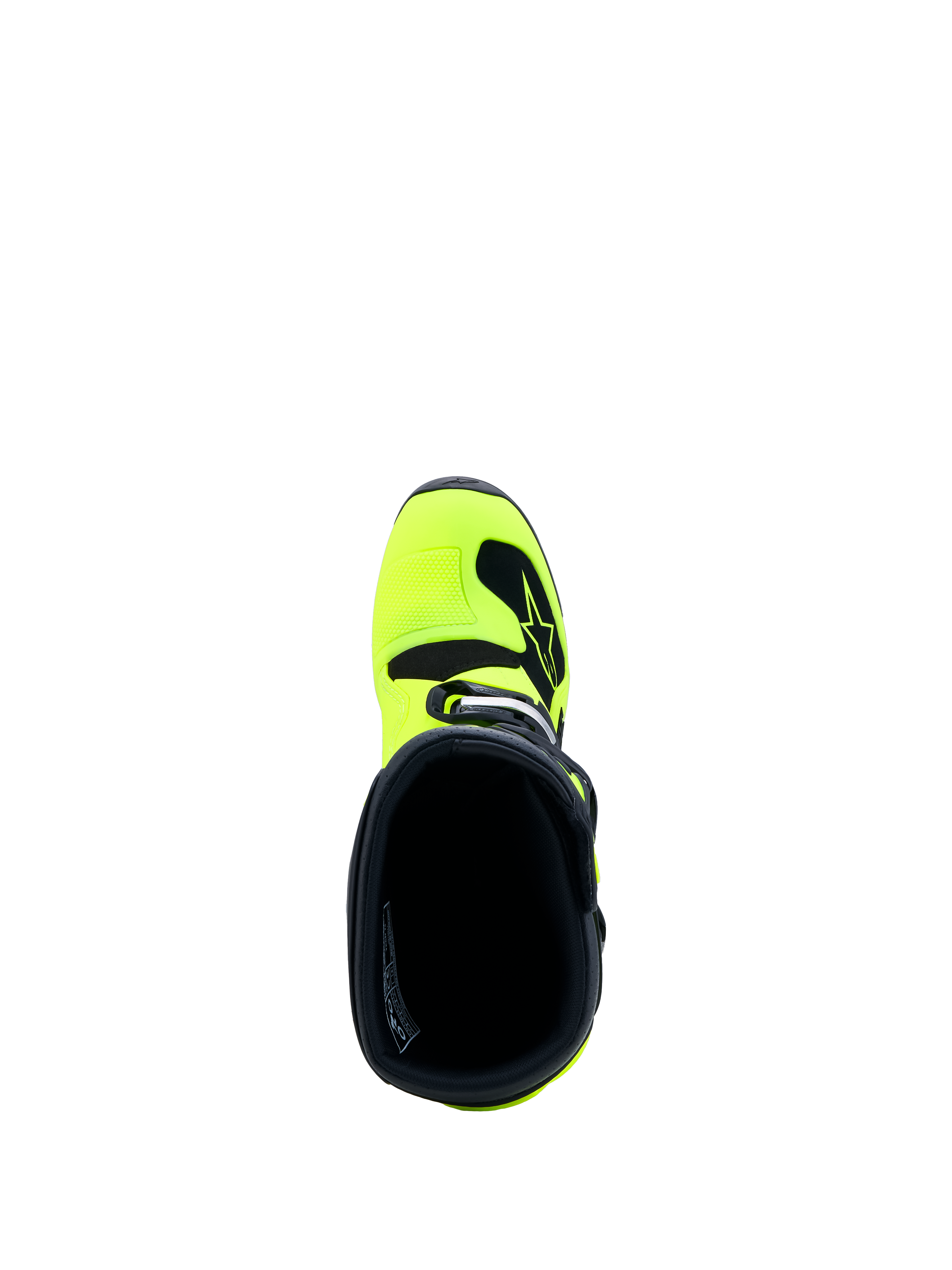 Alpinestars Stivali Tech 7S Ragazzo, stivali da motocross giallo fluo e nero, vista dall'alto dell'imbottitura interna e del collo dello stivale