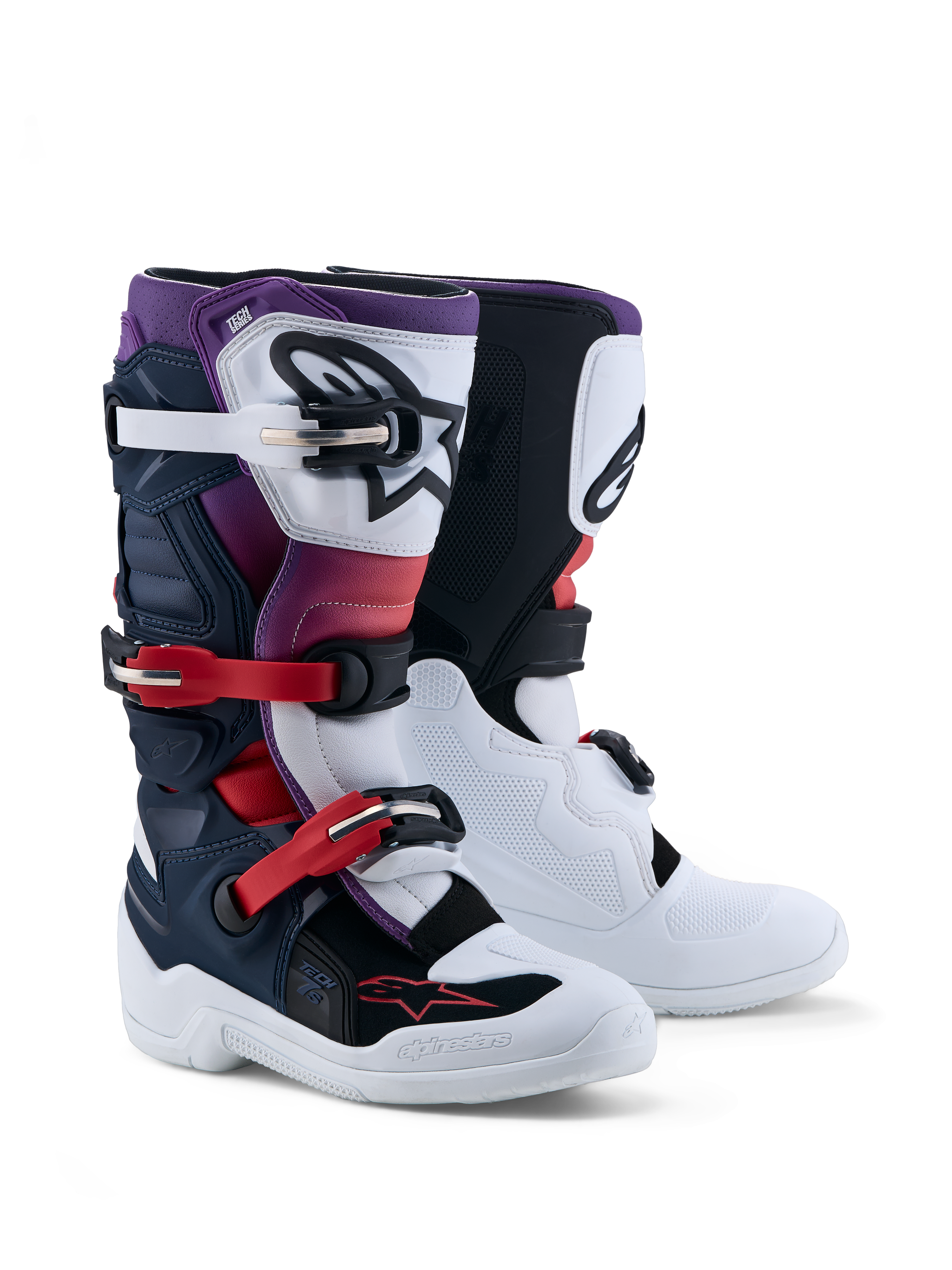 Alpinestars stivali Tech 7S ragazzo, stivali da motocross blu scuro, bianchi e neri, protezioni in TPU, certificati CE