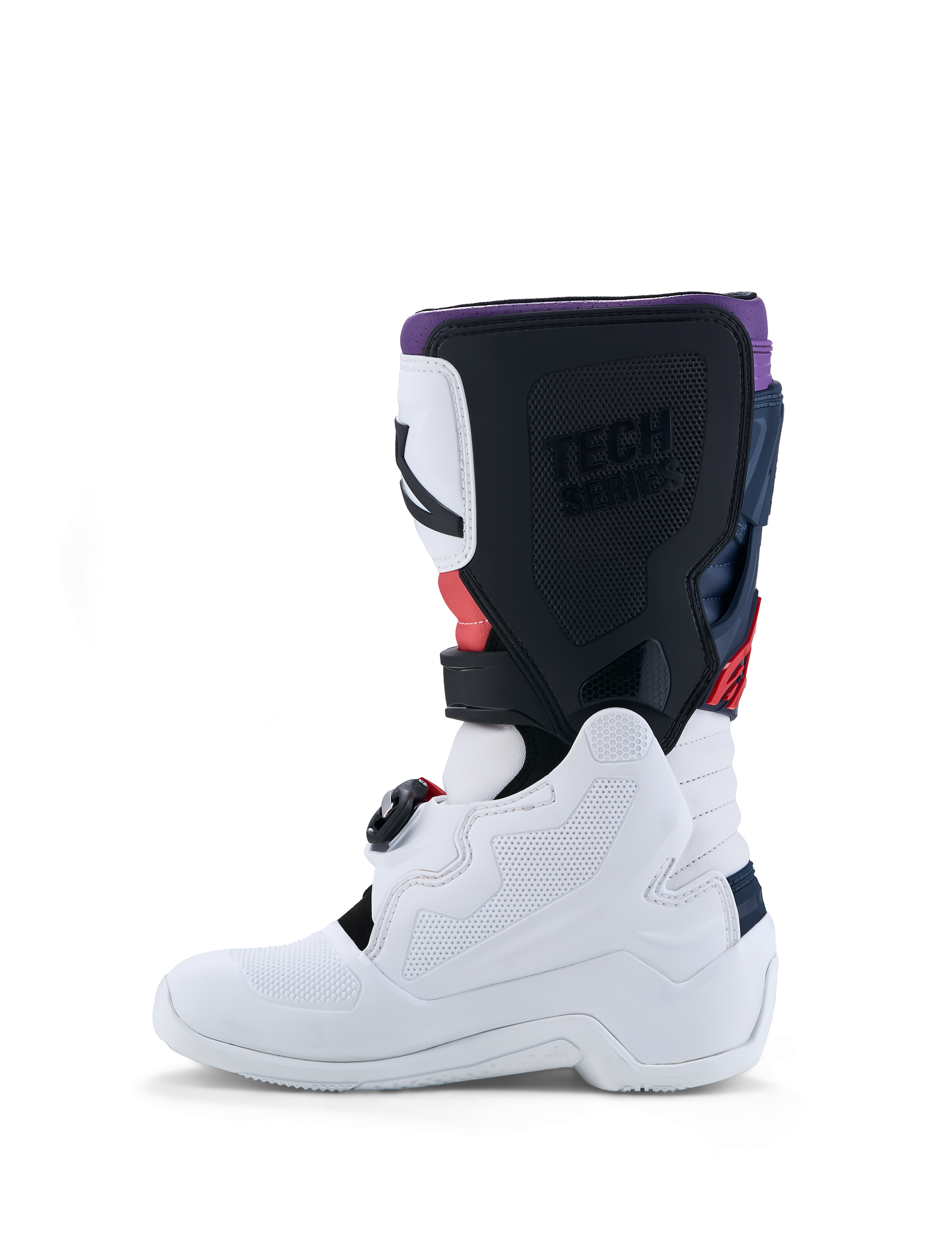 Alpinestars Stivali Tech 7S Ragazzo, stivali da motocross, bianchi e neri con dettagli rossi e blu, protezione in TPU e sistema pivot per giovani piloti fuoristrada.