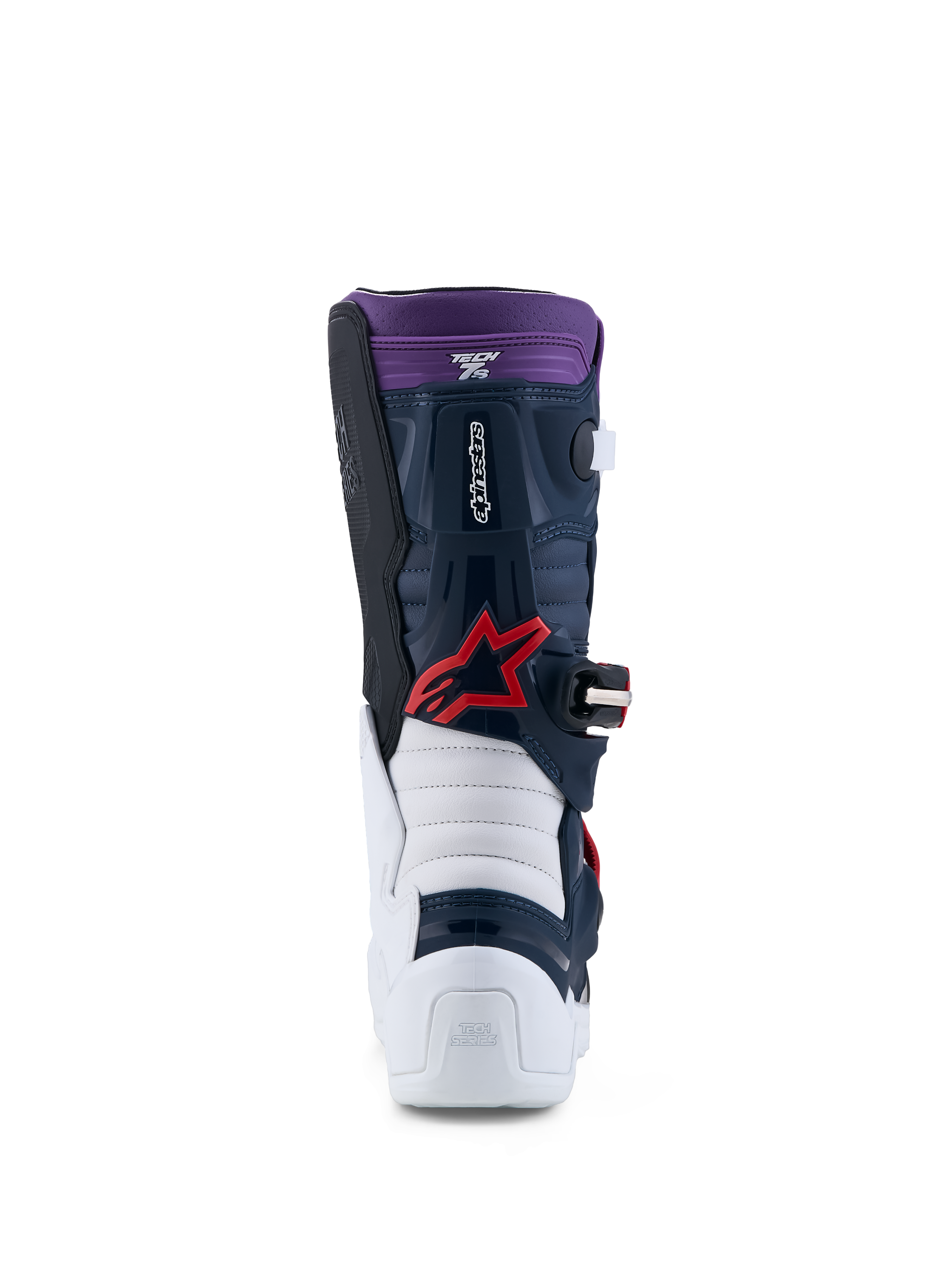 Alpinestars stivali Tech 7S ragazzo, stivali motocross blu, bianchi e viola con logo rosso, vista posteriore, certificati CE.