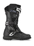 Stivali Alpinestars Toucan GORE-TEX, stivali da moto adventure touring, nero, vista di profilo con doppia fibbia in alluminio argento, marchio GORE-TEX, parastinchi rinforzato con logo bianco e suola a carrarmato robusta