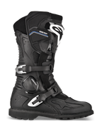 Stivali Alpinestars Toucan GORE-TEX, stivali da moto adventure touring, nero, vista di profilo con doppia fibbia in alluminio argento, marchio GORE-TEX, parastinchi rinforzato con logo bianco e suola a carrarmato robusta
