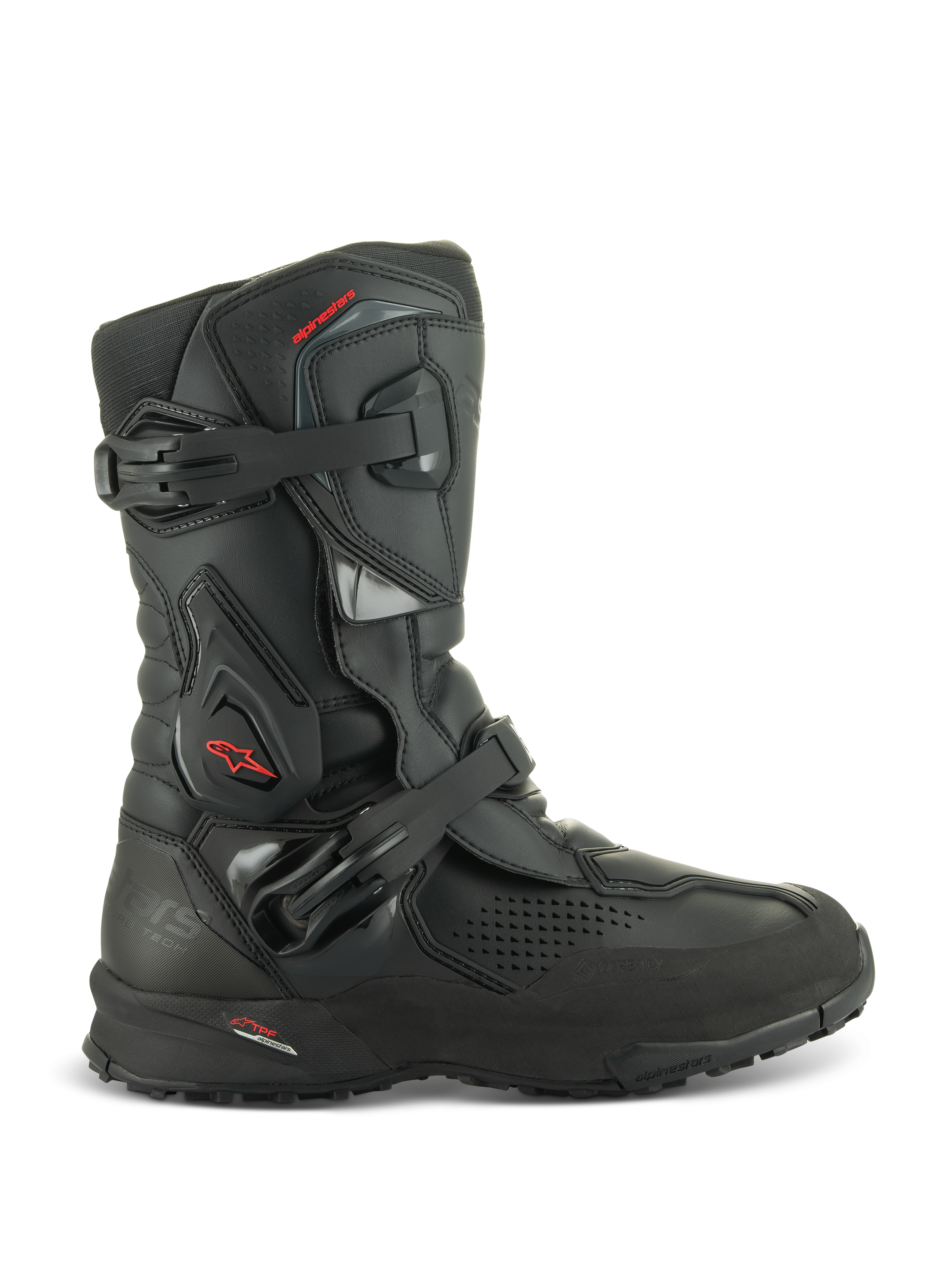 Alpinestars XT-8 GORE-TEX Boots, Black Adventure Enduro Motorcycle Boots, side profile, two buckle fastening system, protective TPU panels, red Alpinestars star logo, rugged lug outsole, waterproof and breathable GORE-TEX membrane