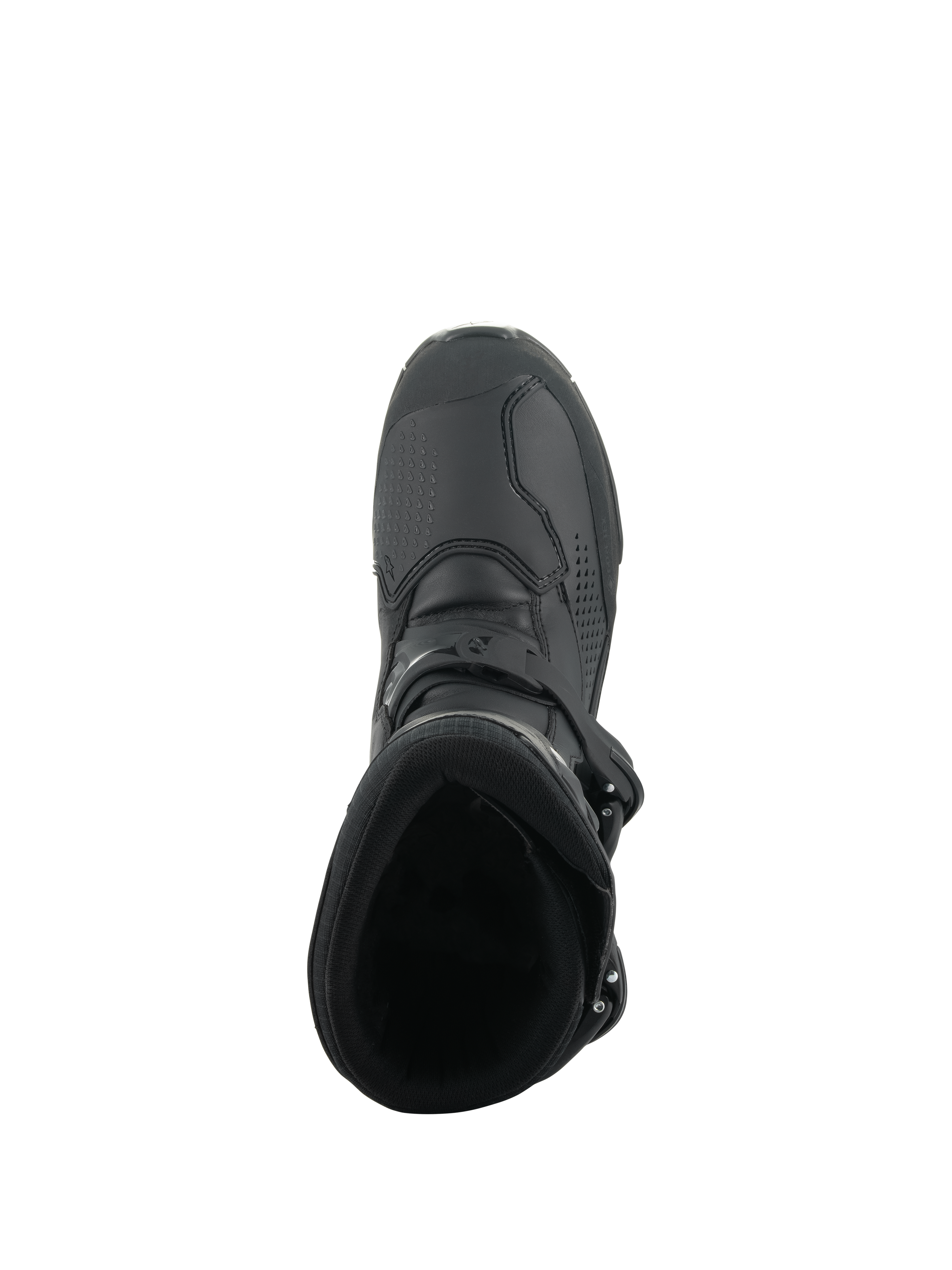 Alpinestars XT-8 GORE-TEX Boots, Adventure Enduro Motorcycle Boots, Black, top-down view showing the padded collar, interior opening, and secure buckle closure system.