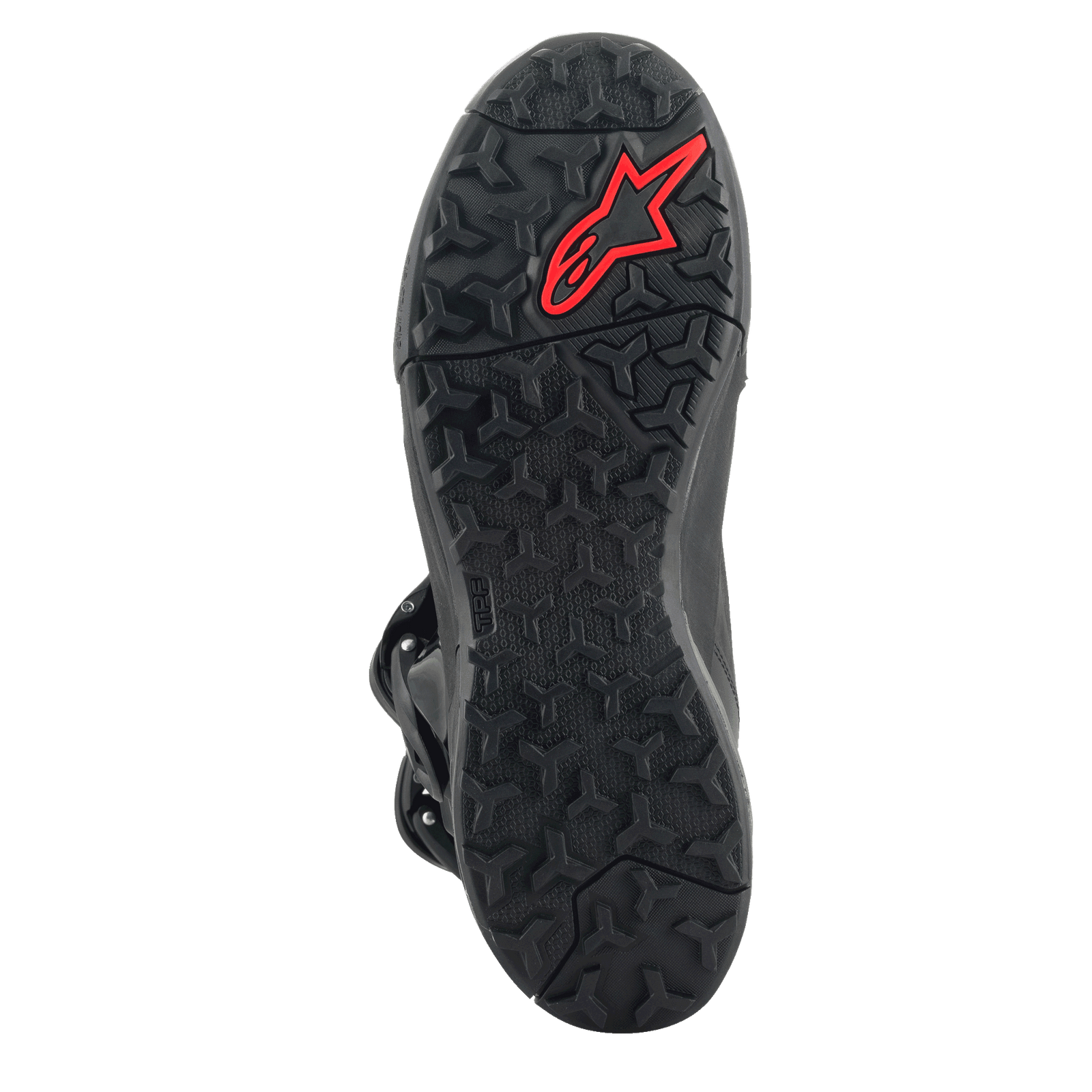 A pair of black/black XT-8 Gore-Tex high-top adventure enduro boots by Alpinestars EU, featuring red detailing. These boots boast a reinforced design with protective buckles and a rugged sole for enhanced grip. The Alpinestars logo is visible on the side, and the durable material makes them perfect for off-road riding.