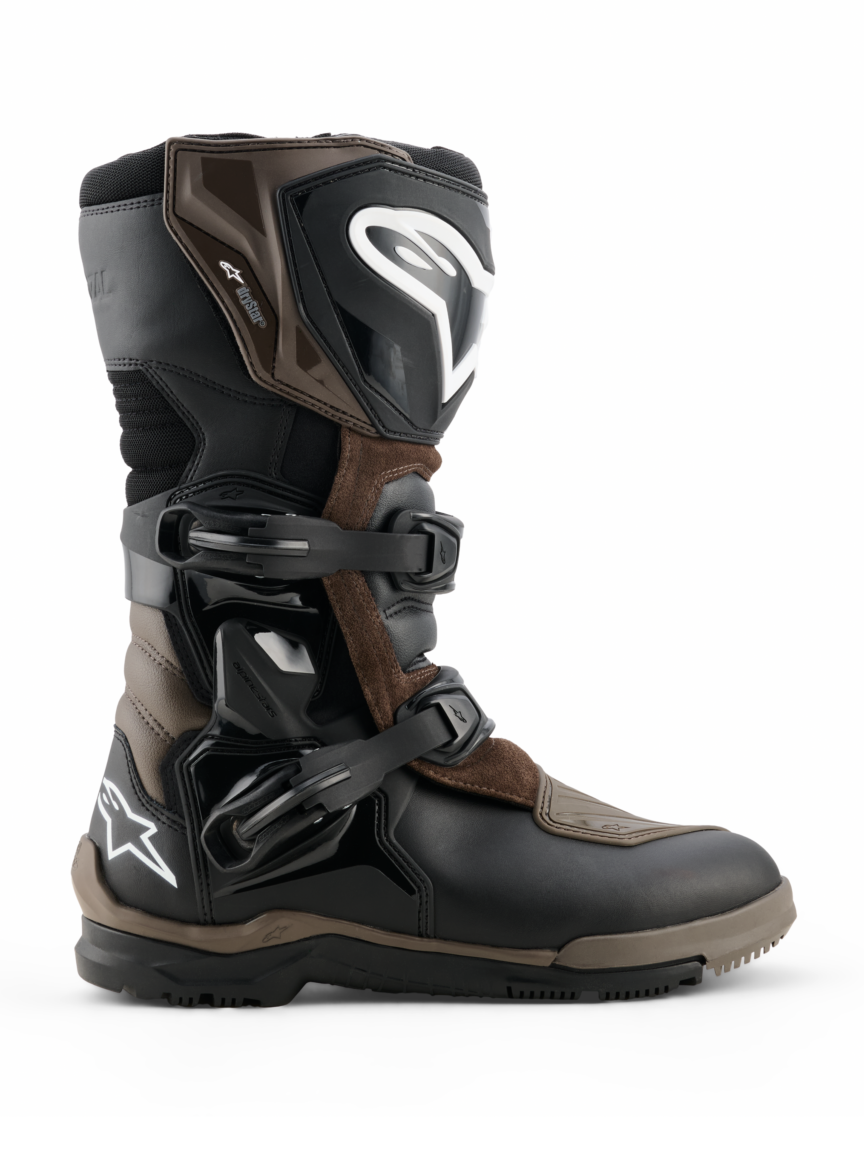 Stivali Alpinestars Corozal V2 Adventure Drystar, stivali da moto adventure touring, marrone e nero, costruzione impermeabile con fibbie regolabili, protezione rinforzata per caviglia e stinco, suola testurizzata robusta per grip su ogni terreno