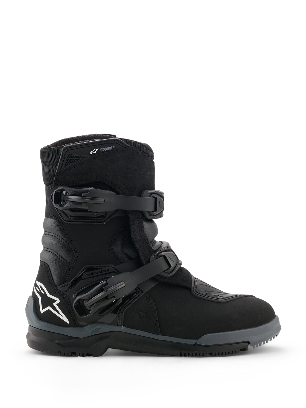 Alpinestars Belize V2 Drystar® Boots, stivali da moto neri, vista di profilo con due chiusure a fibbia regolabili, logo a stella Alpinestars bianco sul tallone, suola robusta off-road e design impermeabile per adventure riding