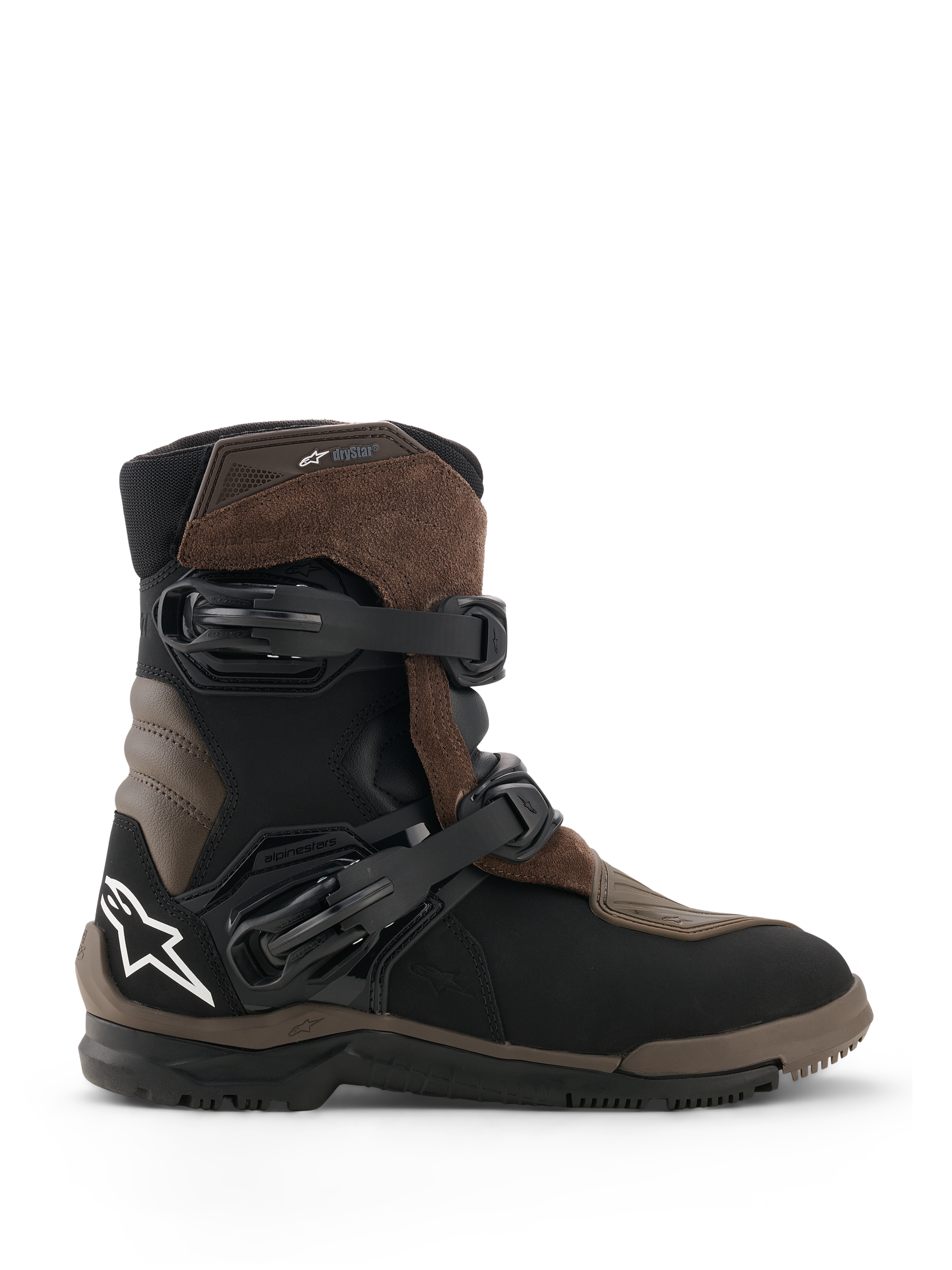 Alpinestars Belize V2 Drystar Boots, stivali da moto adventure touring, marrone e nero, costruzione in pelle e pelle scamosciata impermeabile, due fibbie regolabili a sgancio rapido, suola off-road in gomma vulcanizzata testurizzata, logo a stella bianco sul tallone