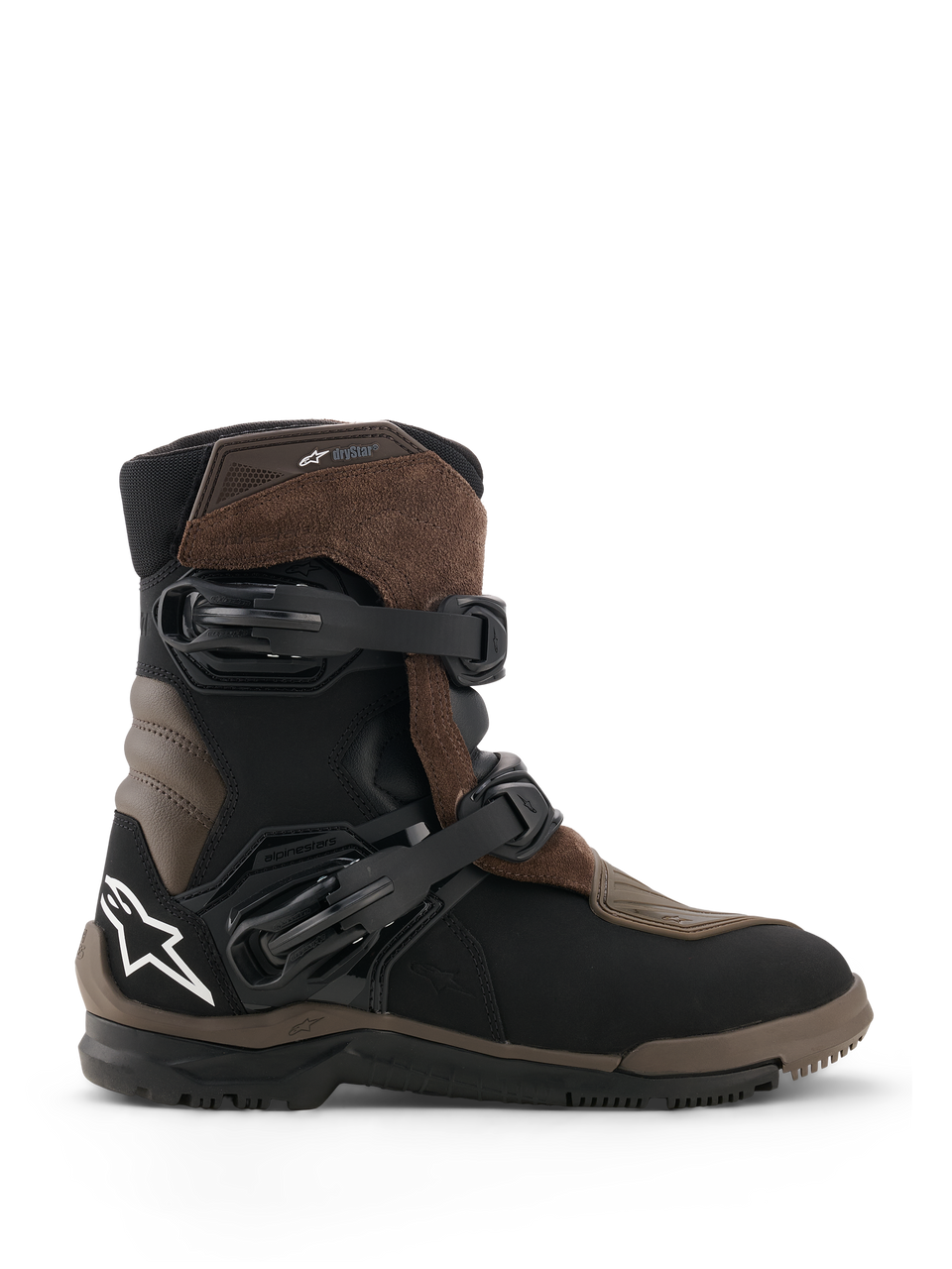 Alpinestars Belize V2 Drystar Boots, stivali da moto adventure touring, marrone e nero, costruzione in pelle e pelle scamosciata impermeabile, due fibbie regolabili a sgancio rapido, suola off-road in gomma vulcanizzata testurizzata, logo a stella bianco sul tallone