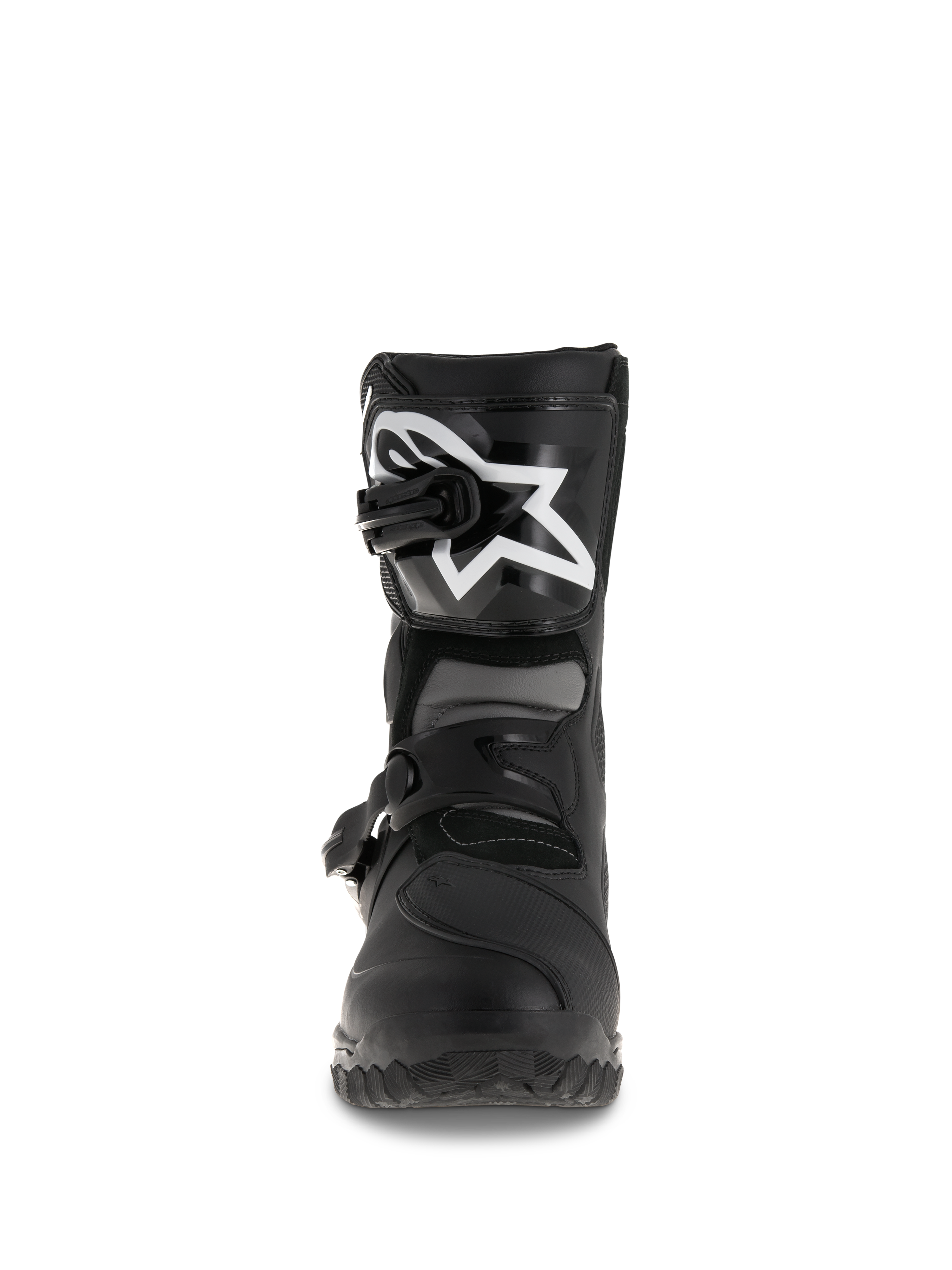 Stivali Alpinestars Belize Drystar®, stivali da moto adventure touring, nero, vista frontale con placca tibiale in TPU e grande logo bianco, sistema di chiusura a doppia fibbia e robusta suola vulcanizzata