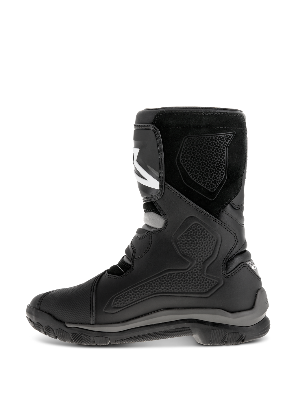Alpinestars Belize Drystar® Boots, stivali da moto neri, vista laterale del profilo che mostra la costruzione in pelle con pannelli protettivi in TPU, finitura scamosciata e una robusta suola in gomma vulcanizzata per adventure touring
