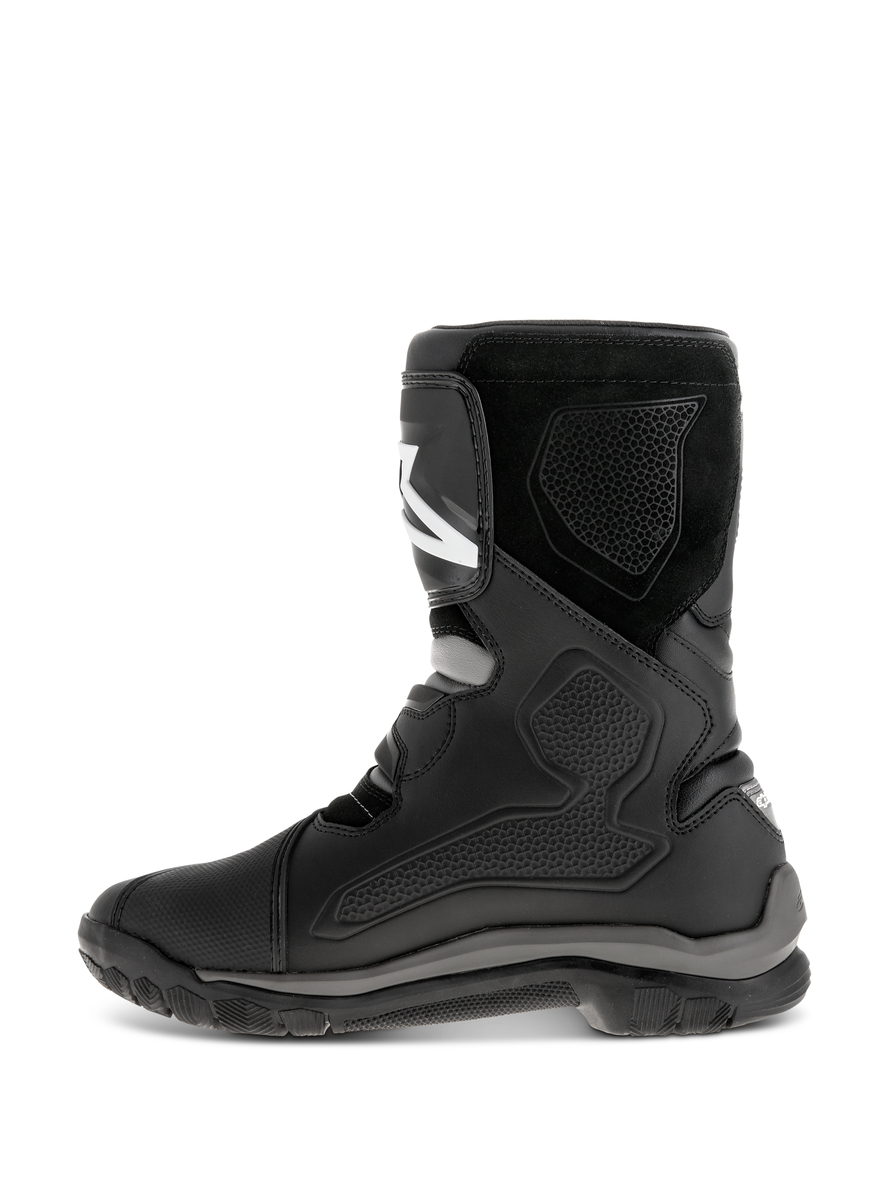 Alpinestars Belize Drystar® Boots, stivali da moto neri, vista laterale del profilo che mostra la costruzione in pelle con pannelli protettivi in TPU, finitura scamosciata e una robusta suola in gomma vulcanizzata per adventure touring