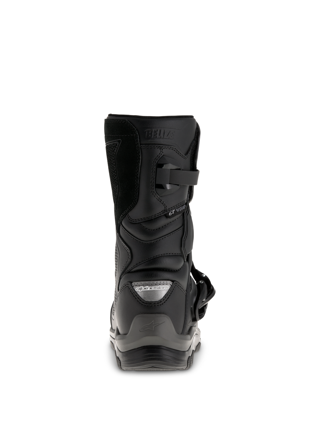 Stivali Alpinestars Belize Drystar®, stivali da moto adventure touring neri, vista posteriore con contrafforte del tallone, chiusura con fibbia e logo Drystar® impermeabile