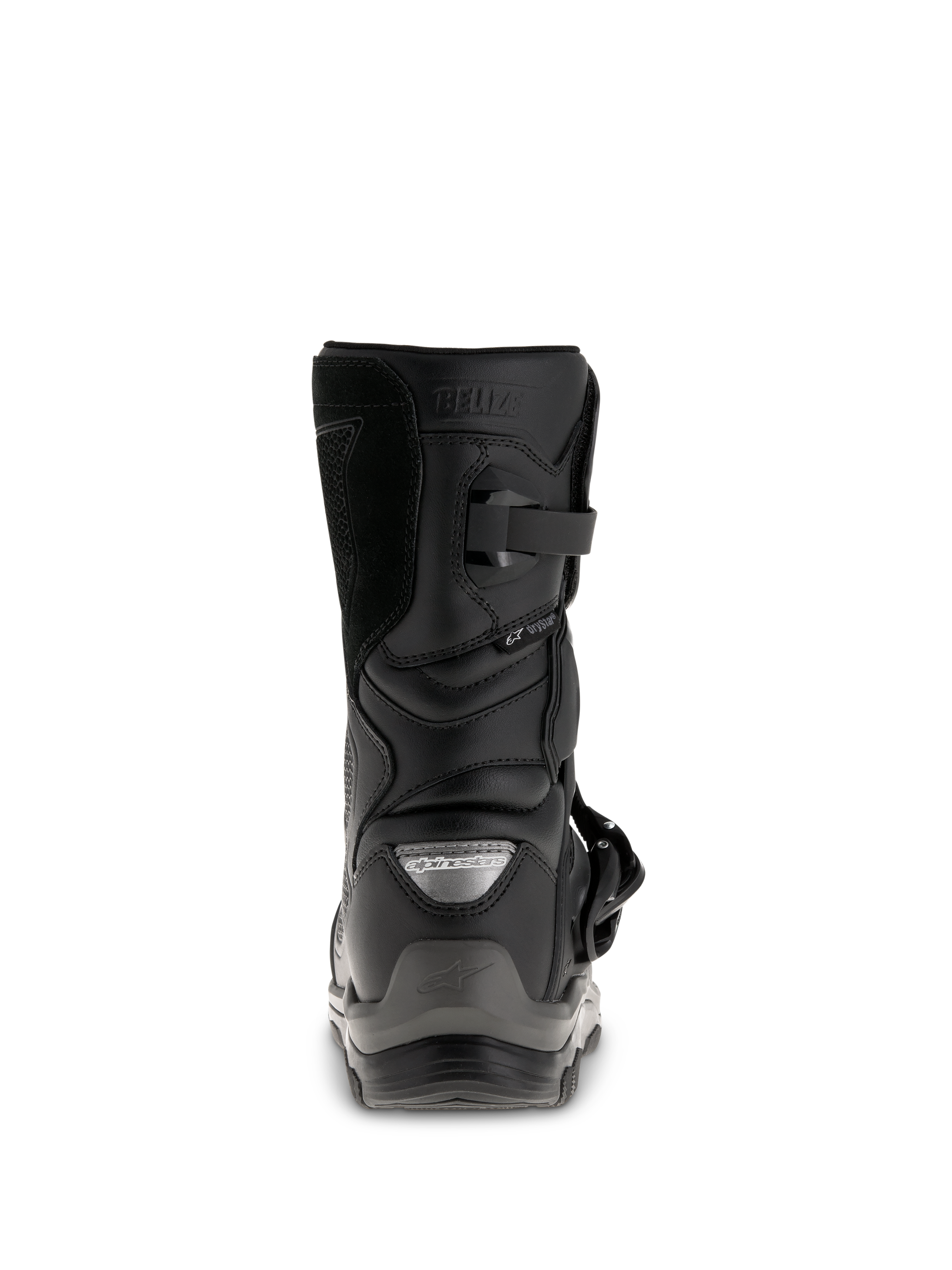 Stivali Alpinestars Belize Drystar®, stivali da moto adventure touring neri, vista posteriore con contrafforte del tallone, chiusura con fibbia e logo Drystar® impermeabile