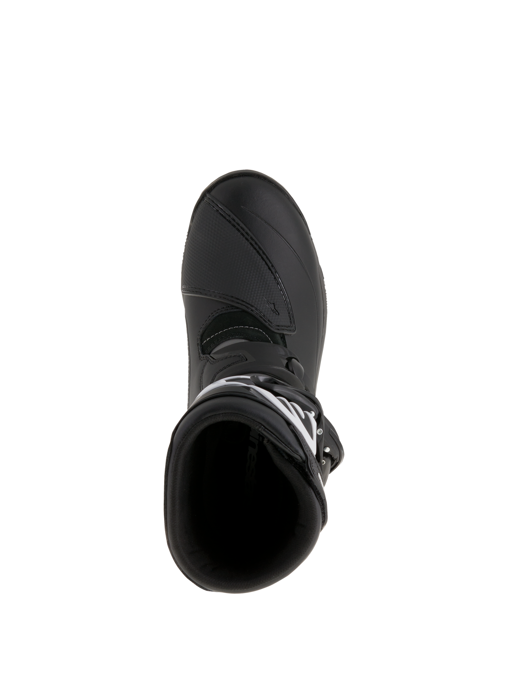 Alpinestars Belize Drystar® Boots, stivali da moto adventure touring, nero, vista dall'alto con dettaglio dell'apertura d'ingresso e della protezione cambio rinforzata, realizzati in pelle impermeabile e microfibra