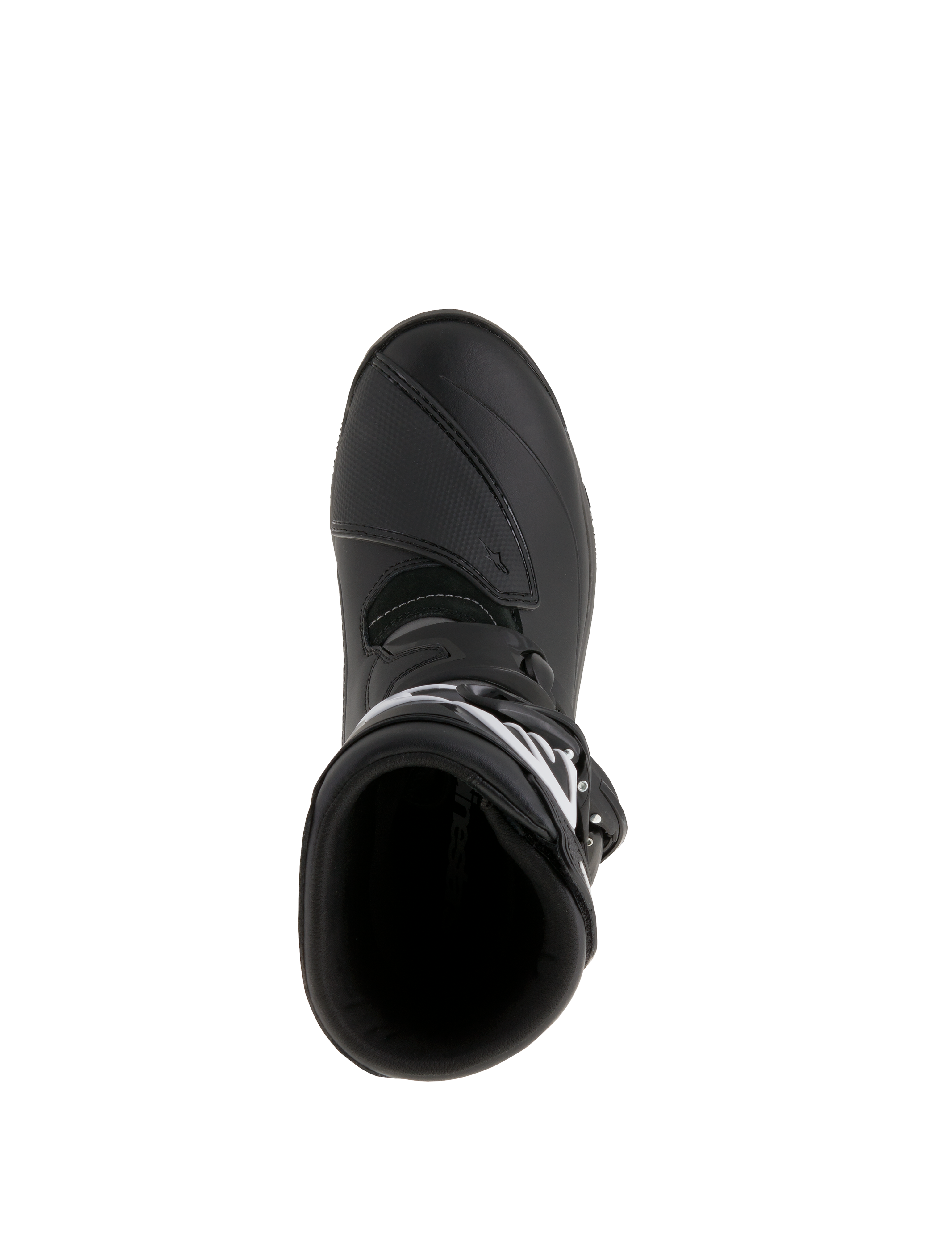 Alpinestars Belize Drystar® Boots, stivali da moto adventure touring, nero, vista dall'alto con dettaglio dell'apertura d'ingresso e della protezione cambio rinforzata, realizzati in pelle impermeabile e microfibra