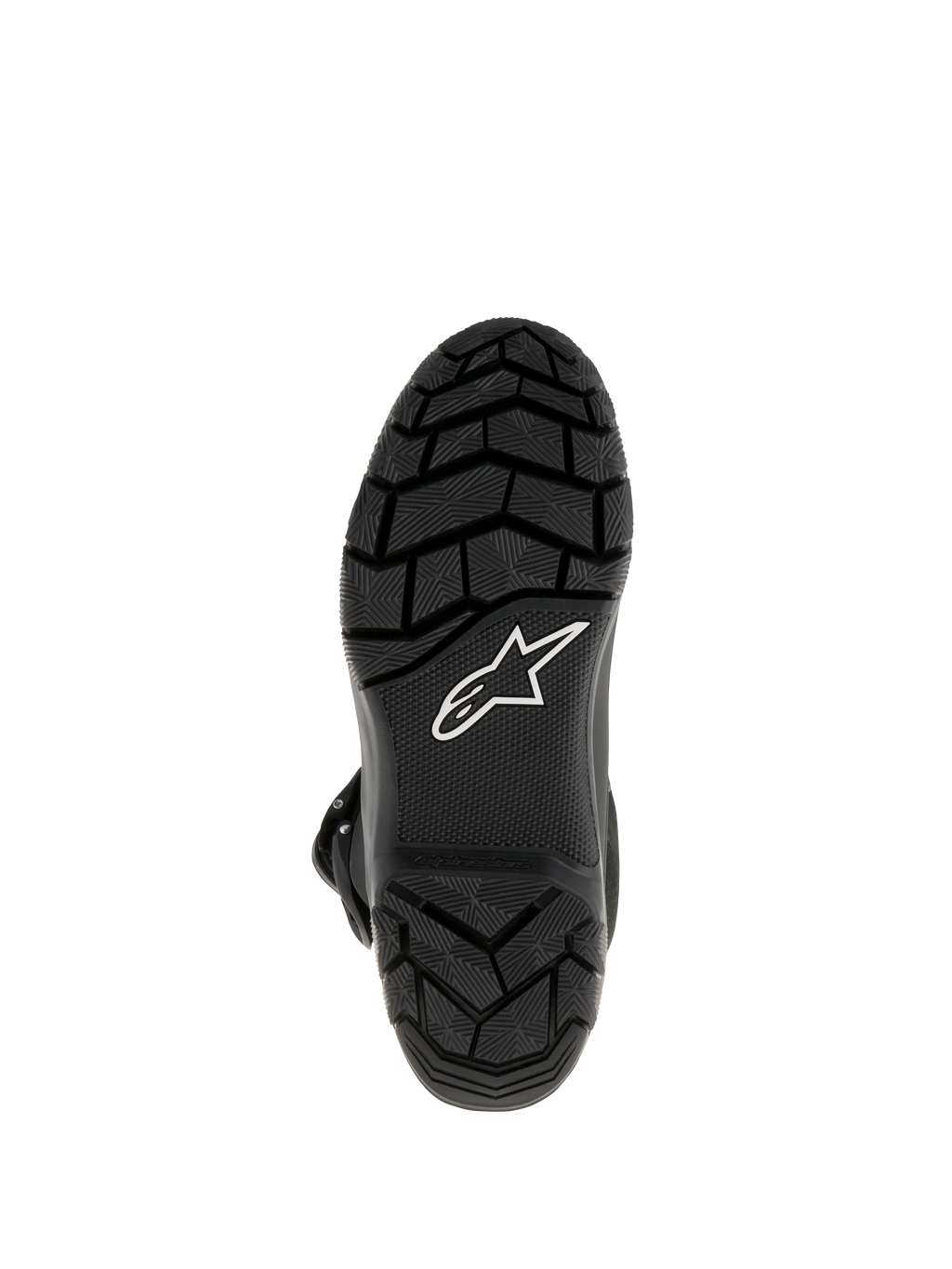Stivali Alpinestars Belize Drystar®, stivali da moto adventure touring, vista dal basso che mostra la suola in gomma vulcanizzata nera con battistrada tassellato per un'aderenza superiore e logo a stella Alpinestars bianco