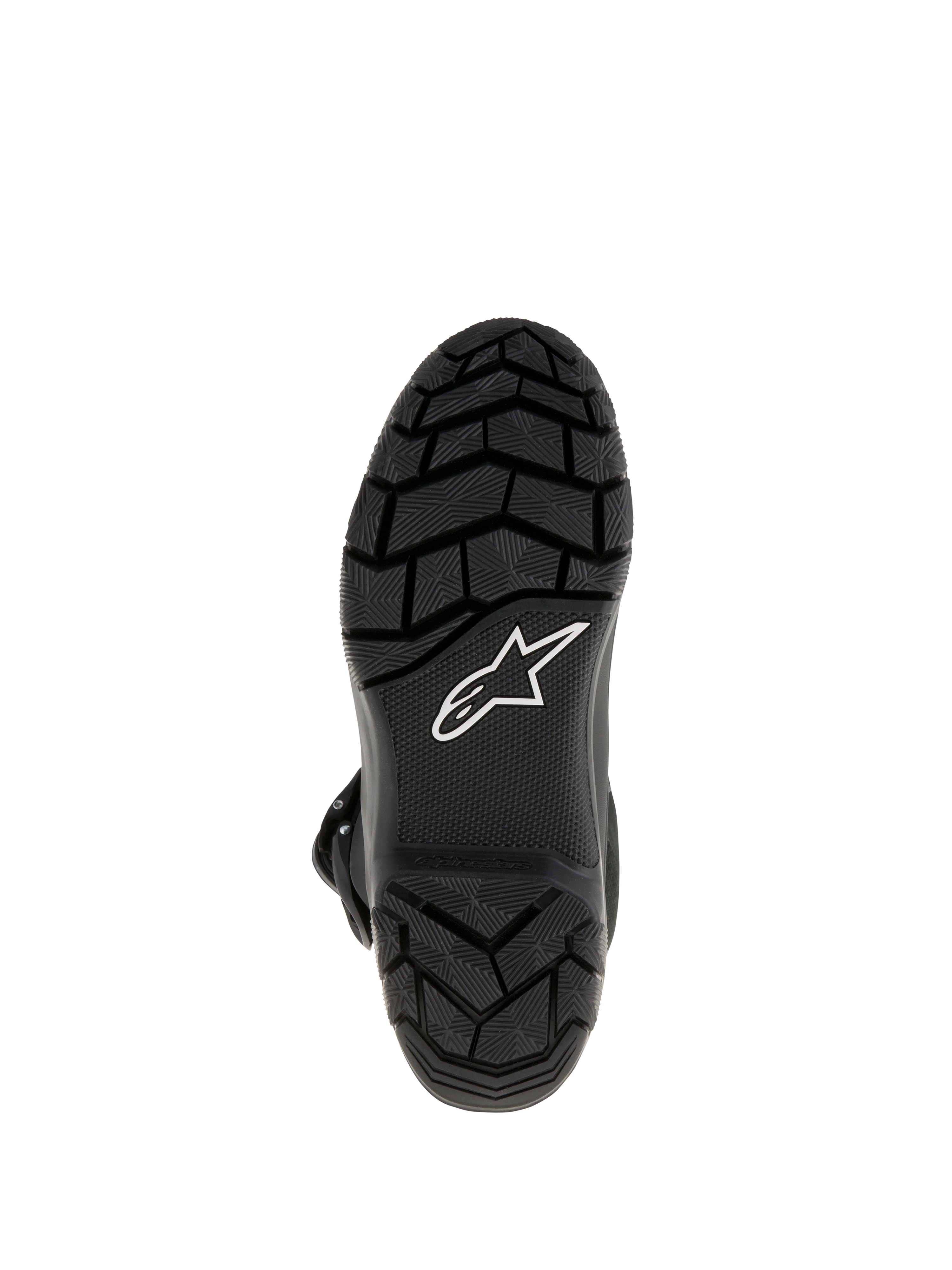 Stivali Alpinestars Belize Drystar®, stivali da moto adventure touring, vista dal basso che mostra la suola in gomma vulcanizzata nera con battistrada tassellato per un'aderenza superiore e logo a stella Alpinestars bianco