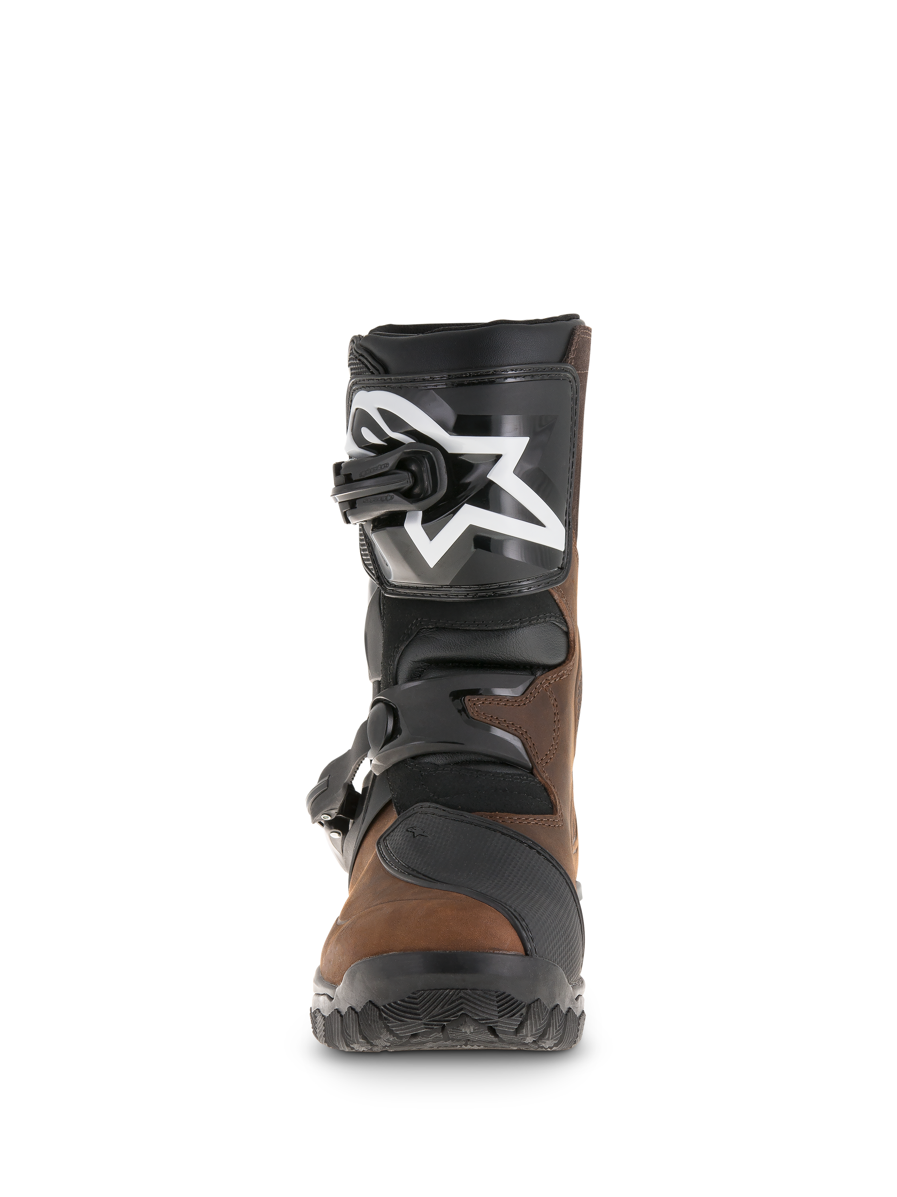 Alpinestars Belize Drystar® Boots, stivali adventure touring, marrone oliato e nero, vista frontale con placca tibiale in TPU e logo a stella bianco, sistema di chiusura a doppia fibbia e suola testurizzata robusta