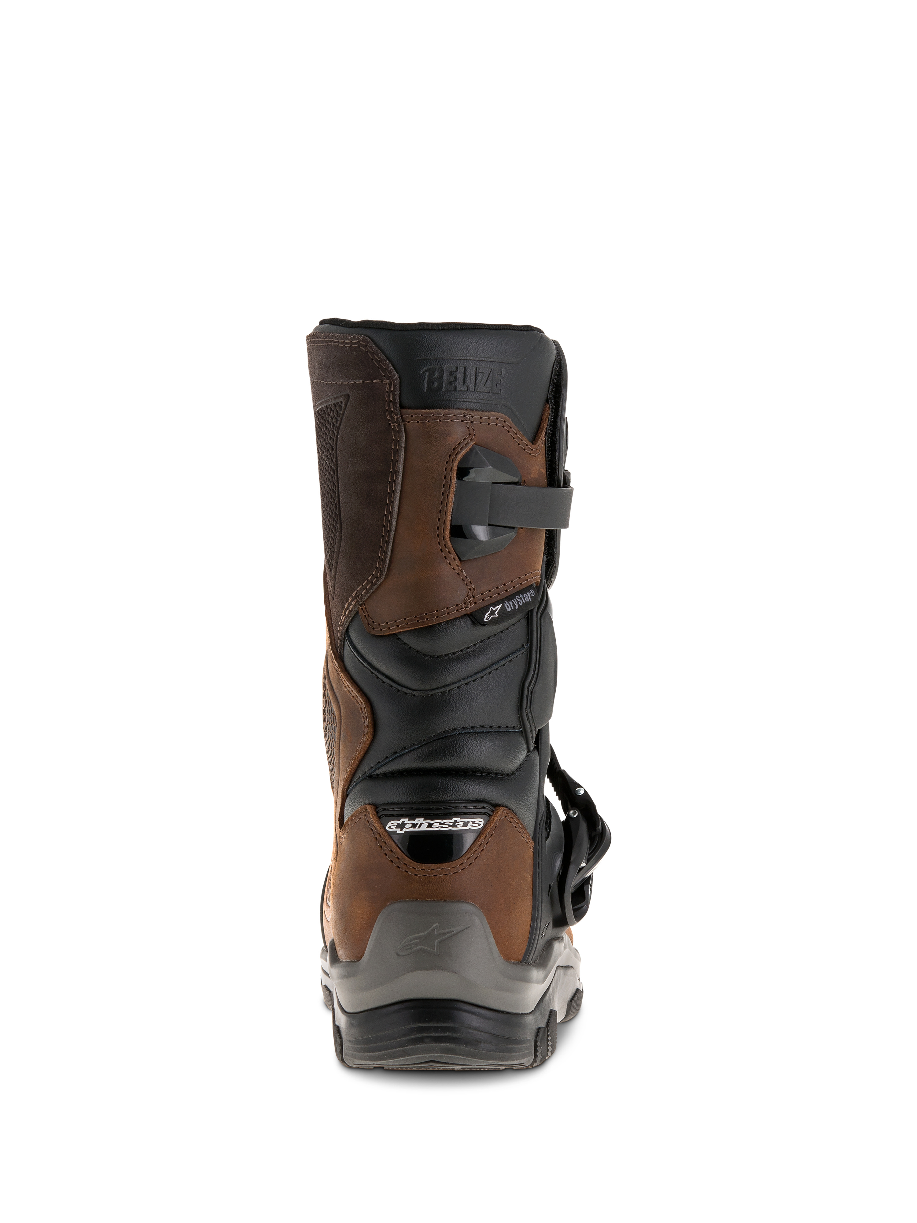 Stivali Alpinestars Belize Drystar®, vista posteriore, marrone oliato e nero, stivali da moto impermeabili per adventure touring con design a polpaccio corto, logo 'BELIZE' a rilievo e robusta protezione per il tallone