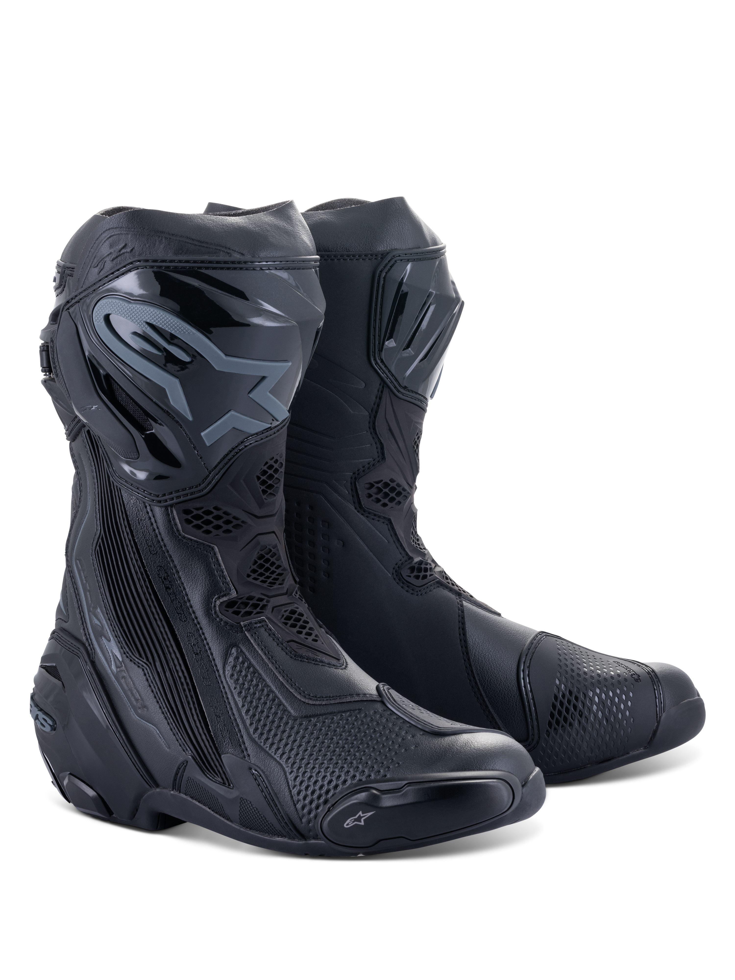 Stivali Alpinestars Supertech R, stivali racing da moto, nero su nero, con placche tibiali protettive in TPU, slider sostituibili e un design aerodinamico per la guida su strada e in pista.