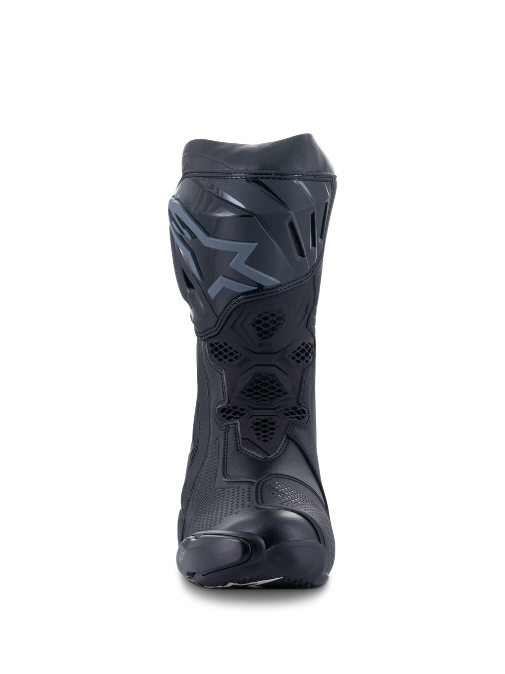 Stivali Alpinestars Supertech R, stivali da moto racing, nero, vista frontale che mostra la placca tibiale in TPU con logo, pannelli di ventilazione in mesh e costruzione protettiva aerodinamica