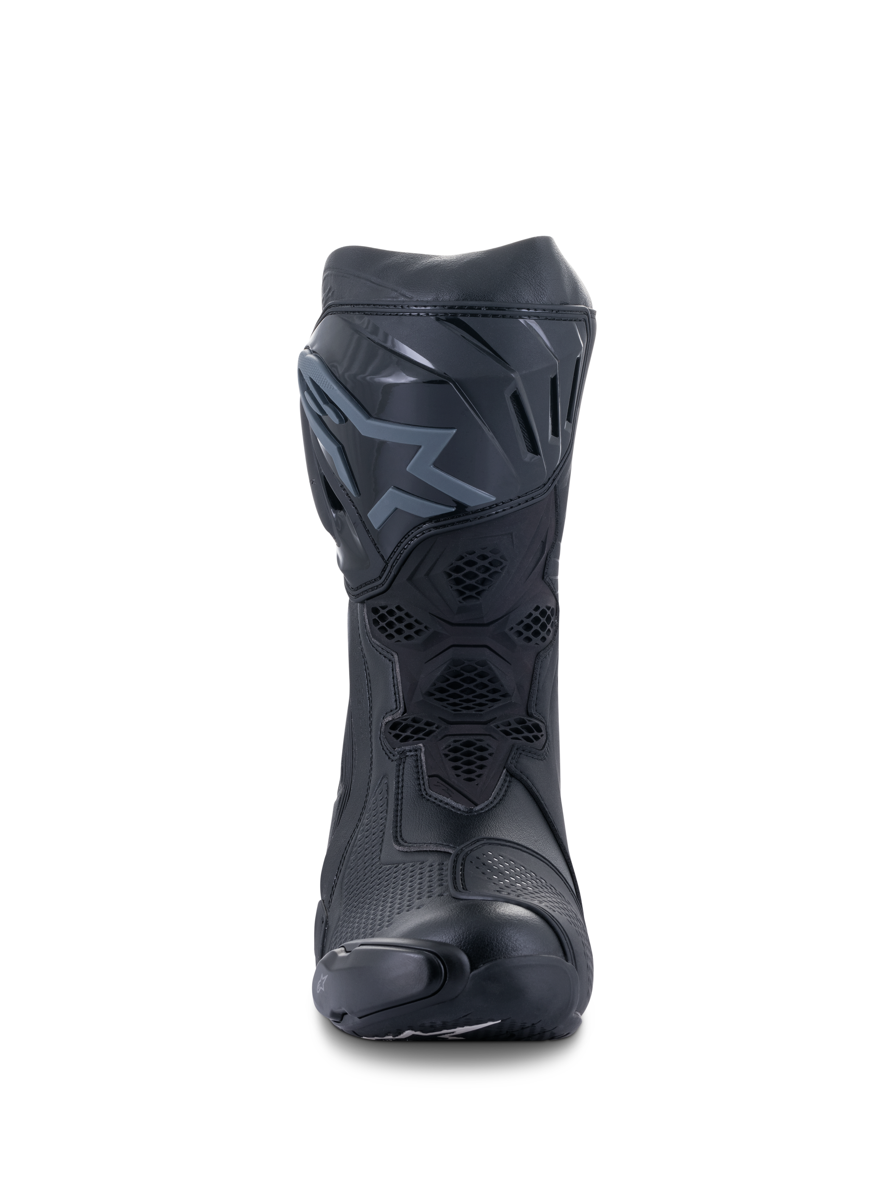 Stivali Alpinestars Supertech R, stivali da moto racing, nero, vista frontale che mostra la placca tibiale in TPU con logo, pannelli di ventilazione in mesh e costruzione protettiva aerodinamica