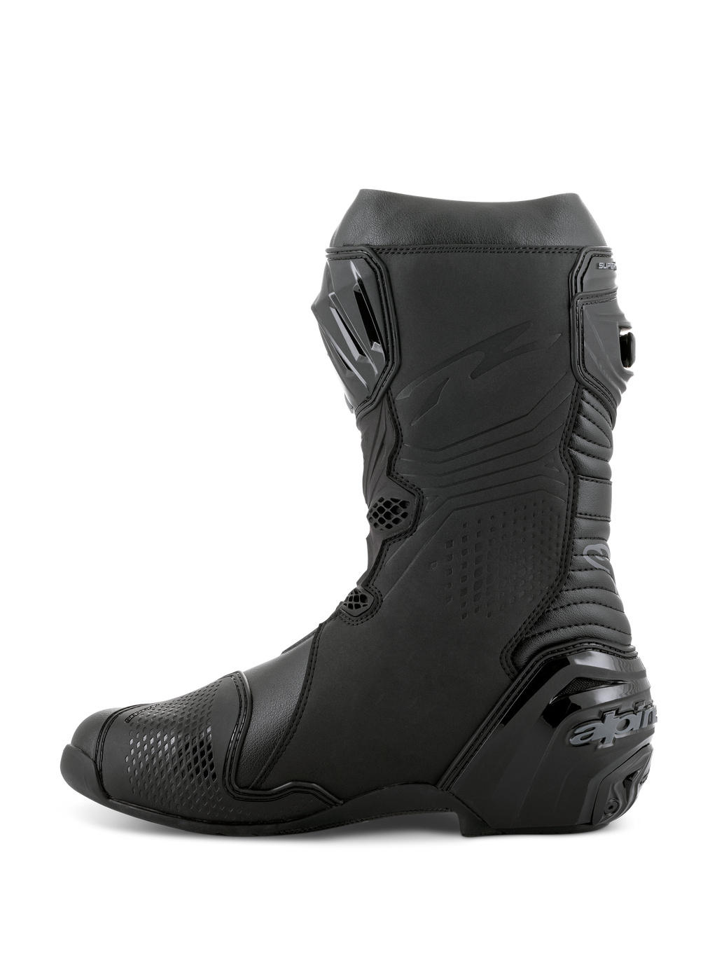 Stivali Alpinestars Supertech R, stivali da moto racing, nero, vista laterale con placca tibiale in TPU, protezione tallone rinforzata e zone a soffietto per movimento naturale, calzature professionali per prestazioni su pista e strada