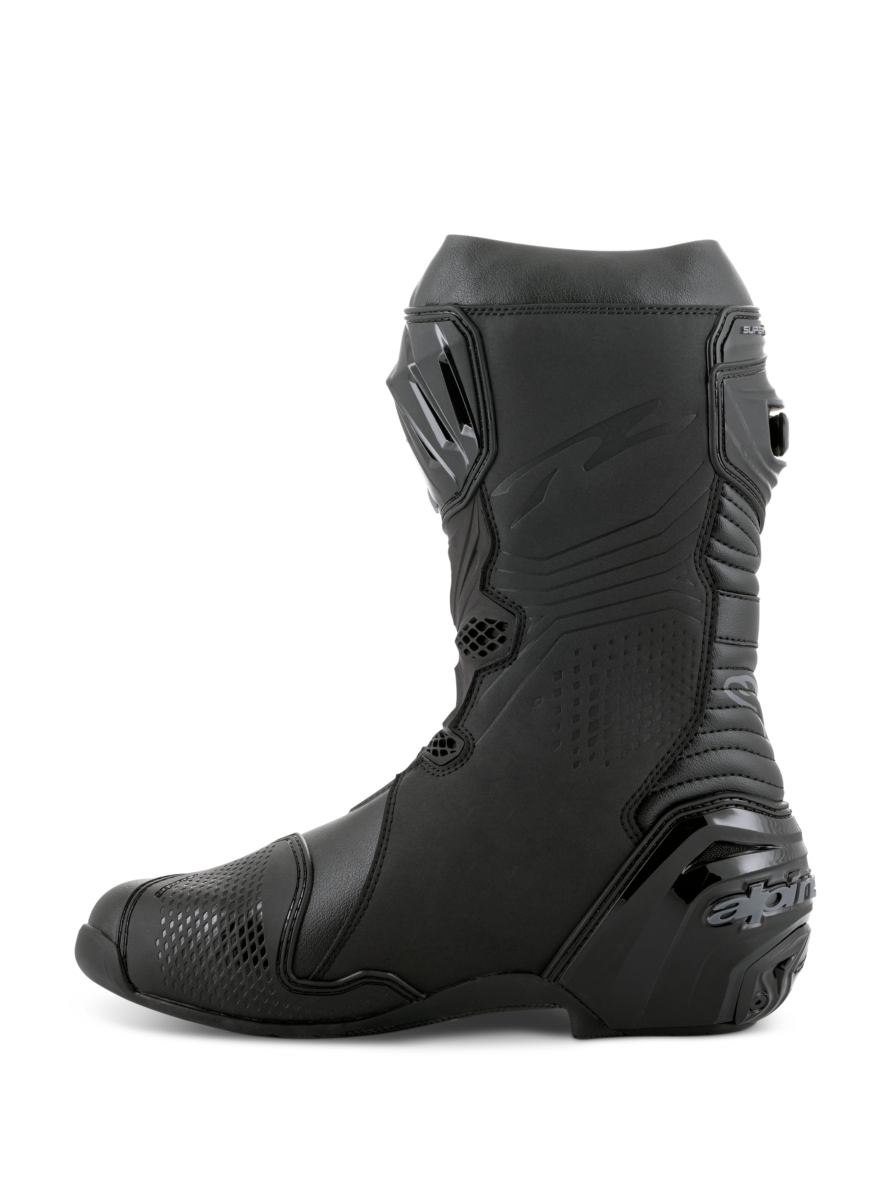 Stivali Alpinestars Supertech R, stivali da moto racing, nero, vista laterale con placca tibiale in TPU, protezione tallone rinforzata e zone a soffietto per movimento naturale, calzature professionali per prestazioni su pista e strada