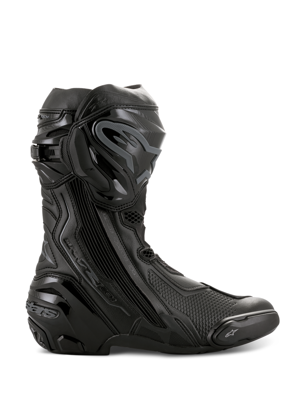 Stivali Alpinestars Supertech R, stivali da moto racing ad alte prestazioni, completamente neri, vista laterale con protezione tibia in TPU, slider sostituibile sulla punta e tallone rinforzato, design professionale da pista