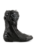 Stivali Alpinestars Supertech R, stivali da moto racing ad alte prestazioni, completamente neri, vista laterale con protezione tibia in TPU, slider sostituibile sulla punta e tallone rinforzato, design professionale da pista