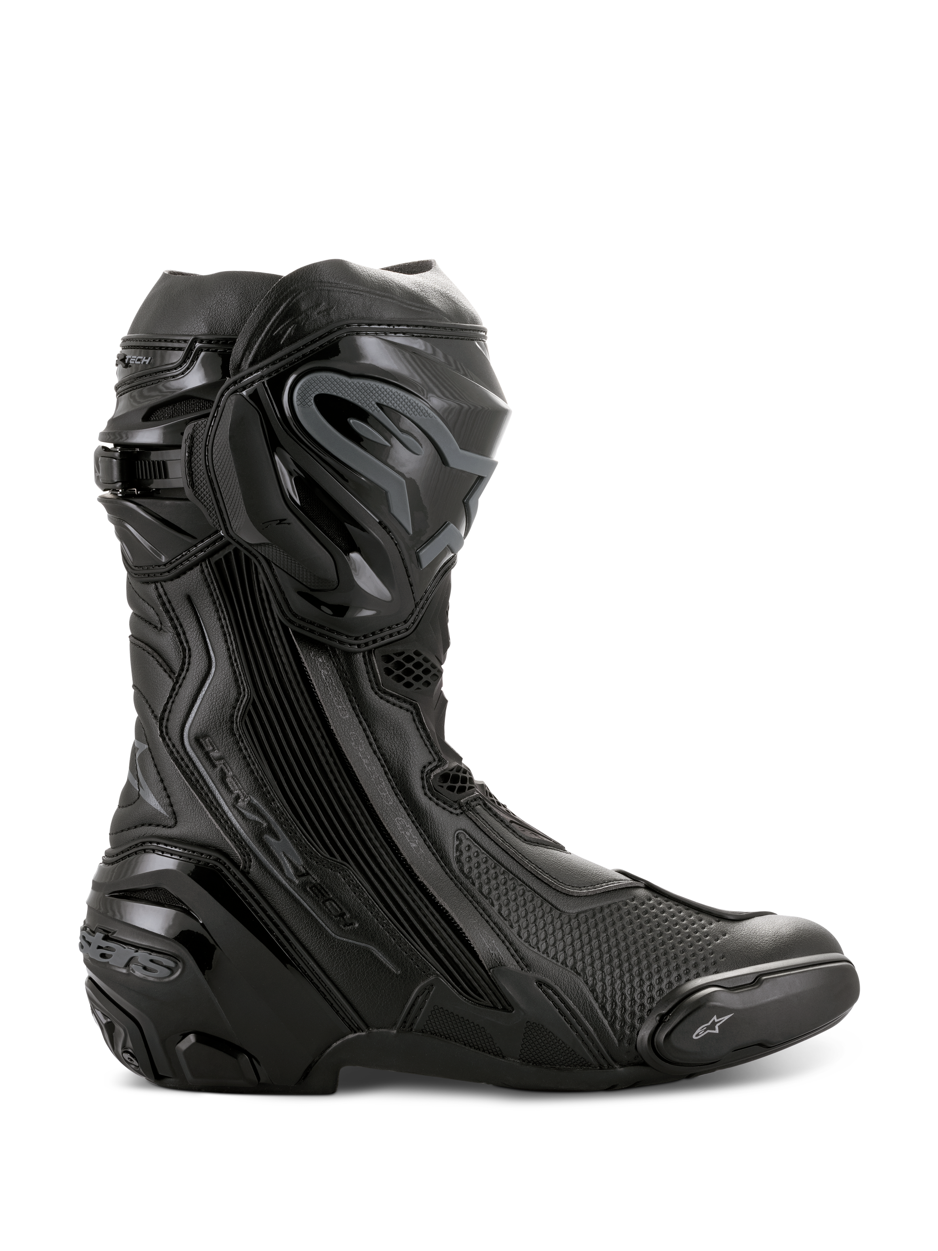 Stivali Alpinestars Supertech R, stivali da moto racing ad alte prestazioni, completamente neri, vista laterale con protezione tibia in TPU, slider sostituibile sulla punta e tallone rinforzato, design professionale da pista