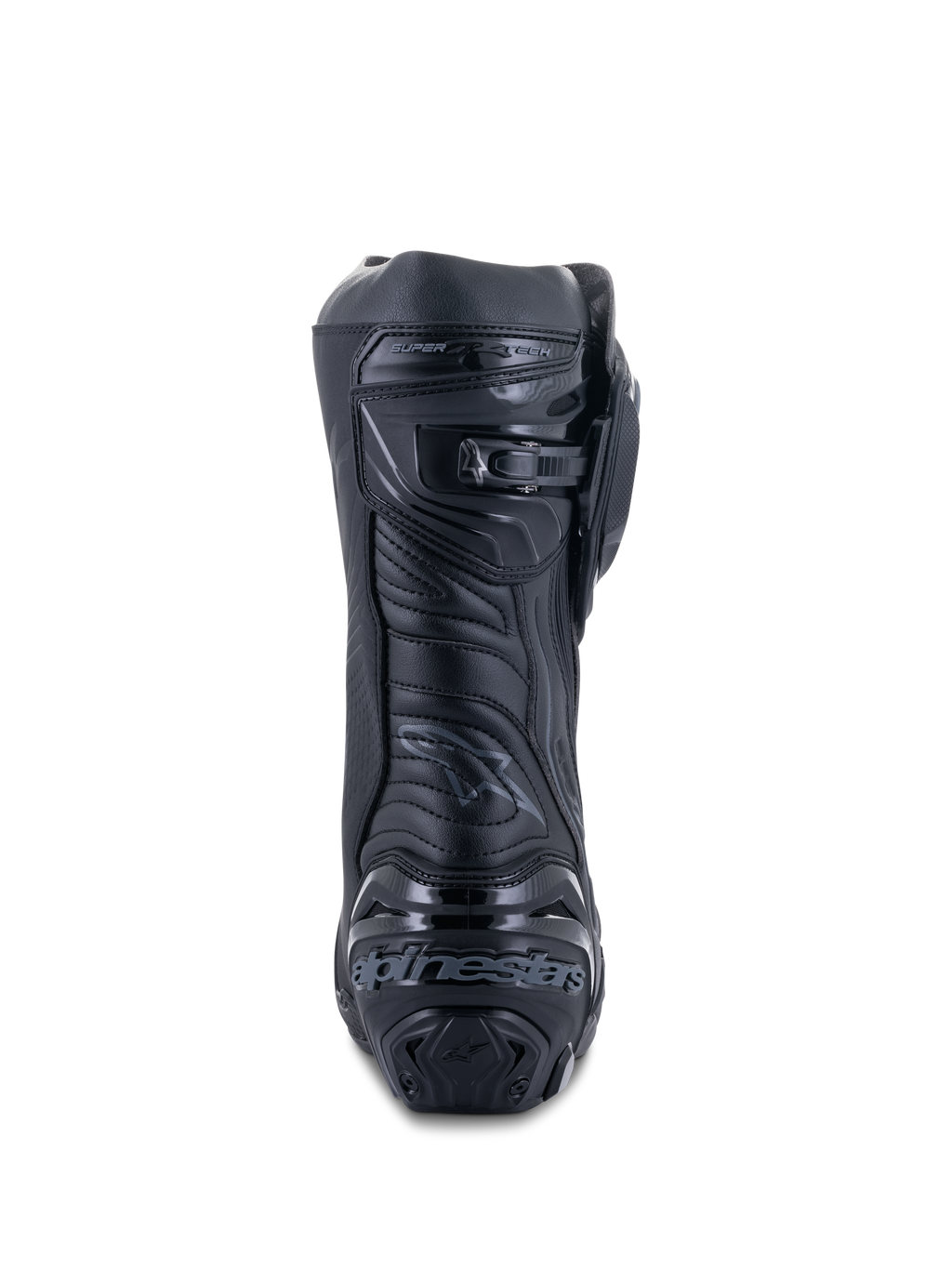 Stivali Alpinestars Supertech R, Nero Nero, vista posteriore con placca del tallone rinforzata con branding, chiusura del polpaccio a cricchetto microregolabile e zona d'Achille flessibile, calzatura professionale da moto da corsa