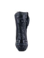 Stivali Alpinestars Supertech R, Nero Nero, vista posteriore con placca del tallone rinforzata con branding, chiusura del polpaccio a cricchetto microregolabile e zona d'Achille flessibile, calzatura professionale da moto da corsa