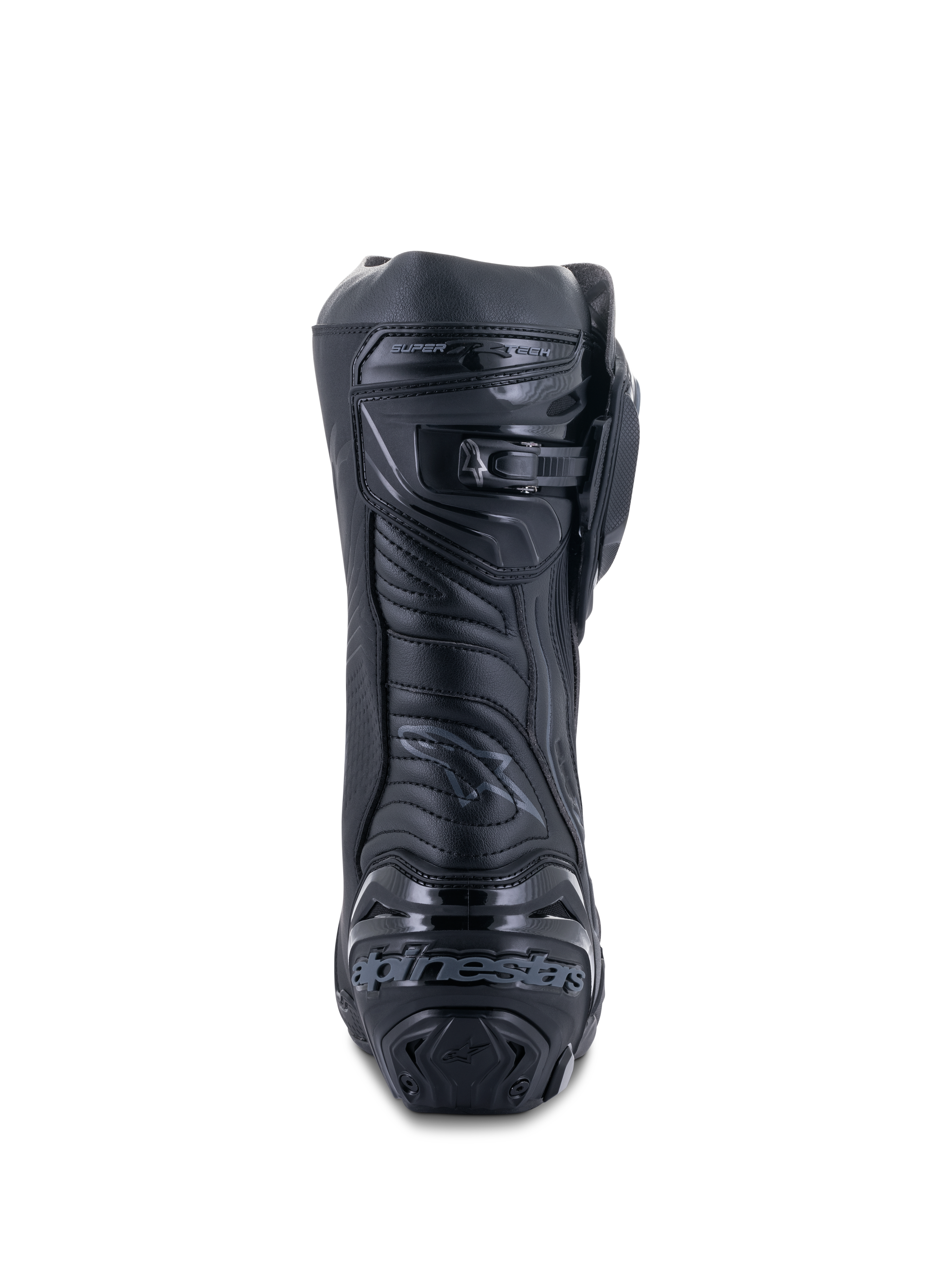 Stivali Alpinestars Supertech R, Nero Nero, vista posteriore con placca del tallone rinforzata con branding, chiusura del polpaccio a cricchetto microregolabile e zona d'Achille flessibile, calzatura professionale da moto da corsa