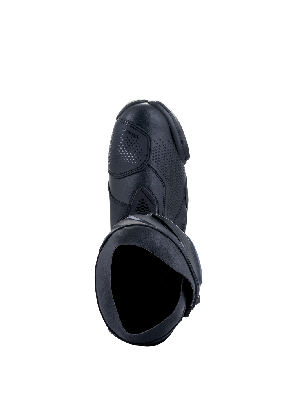 Stivali Alpinestars Supertech R, stivali da moto racing, colore nero, vista dall'alto che mostra l'apertura interna, la protezione cambio e la tomaia sintetica testurizzata, design professionale per competizioni