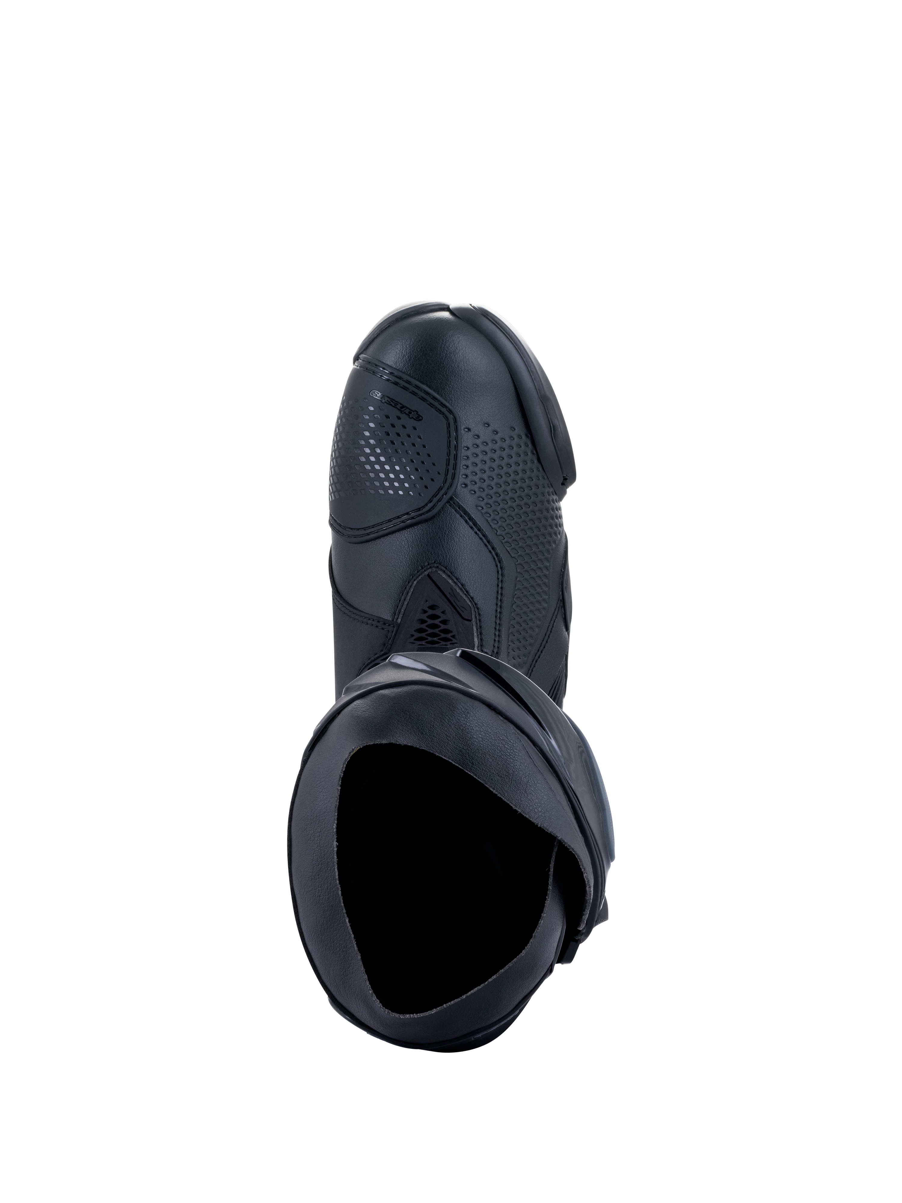Stivali Alpinestars Supertech R, stivali da moto racing, colore nero, vista dall'alto che mostra l'apertura interna, la protezione cambio e la tomaia sintetica testurizzata, design professionale per competizioni