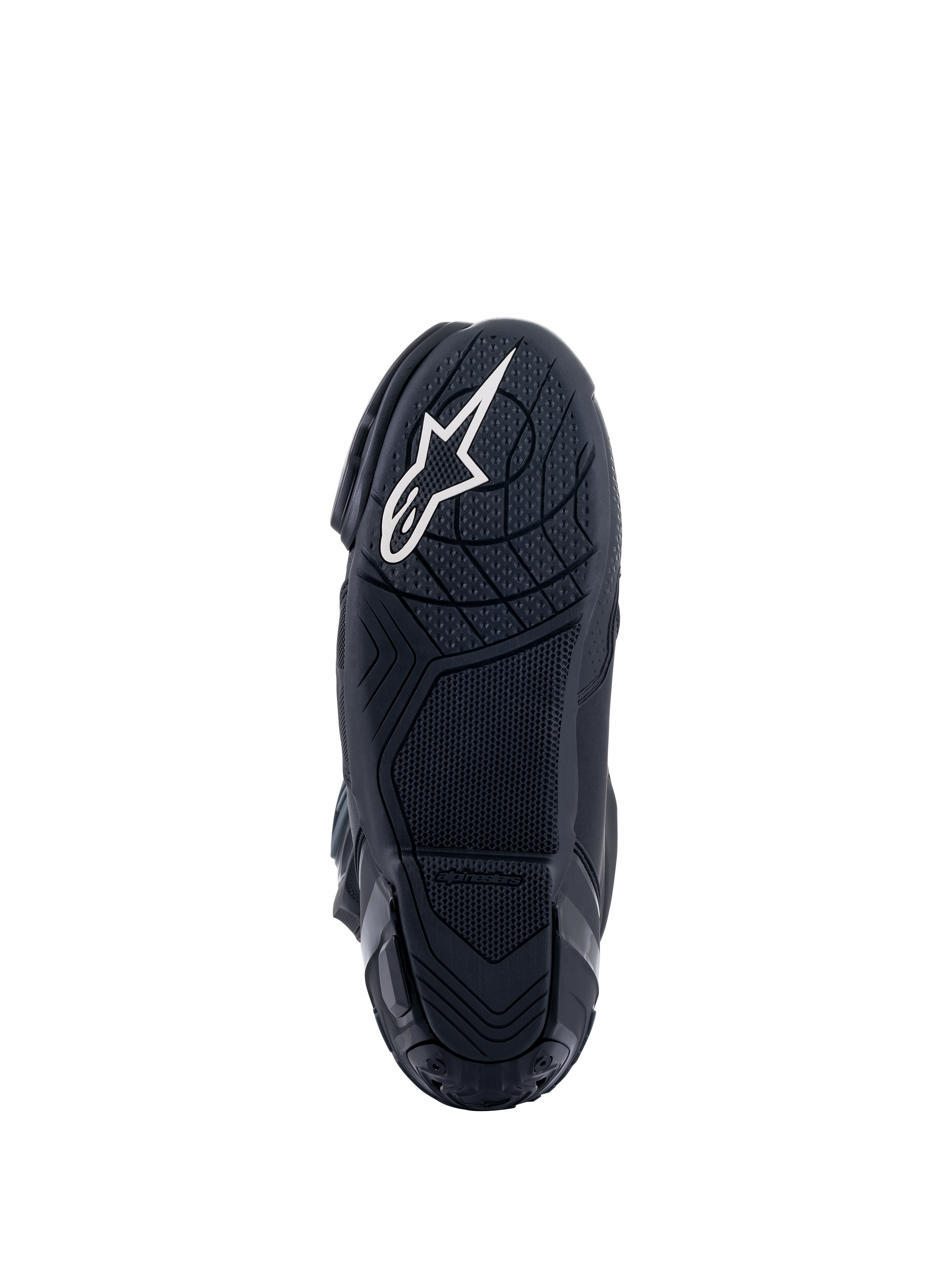 Stivali Alpinestars Supertech R, stivali da moto racing, nero, vista dal basso della suola in mescola di gomma con motivi di grip testurizzati e logo a stella Alpinestars bianco sul tallone