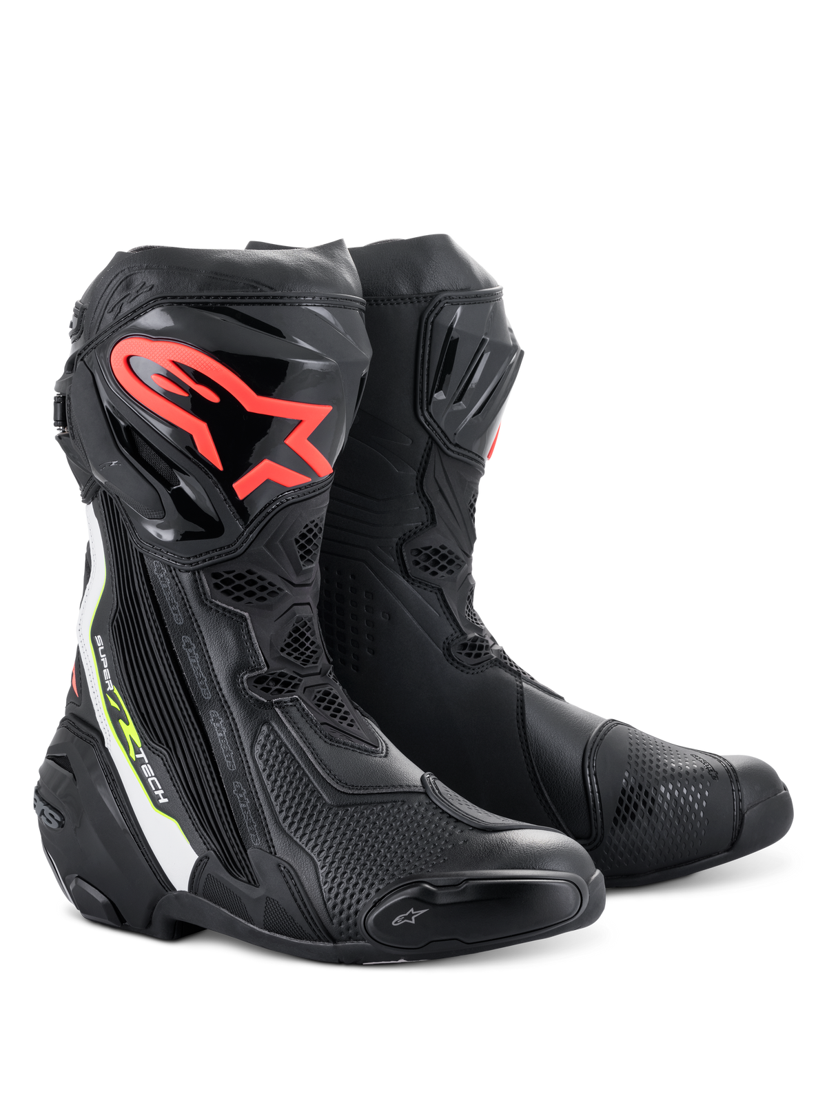 Stivali Alpinestars Supertech R, stivali da moto racing ad alte prestazioni, neri con logo Alpinestars rosso sullo stinco, accenti bianchi e giallo fluorescente, con costruzione in microfibra tecnica e piastre para-stinco protettive in TPU