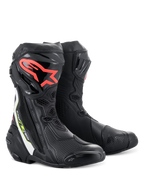Stivali Alpinestars Supertech R, stivali da moto racing ad alte prestazioni, neri con logo Alpinestars rosso sullo stinco, accenti bianchi e giallo fluorescente, con costruzione in microfibra tecnica e piastre para-stinco protettive in TPU