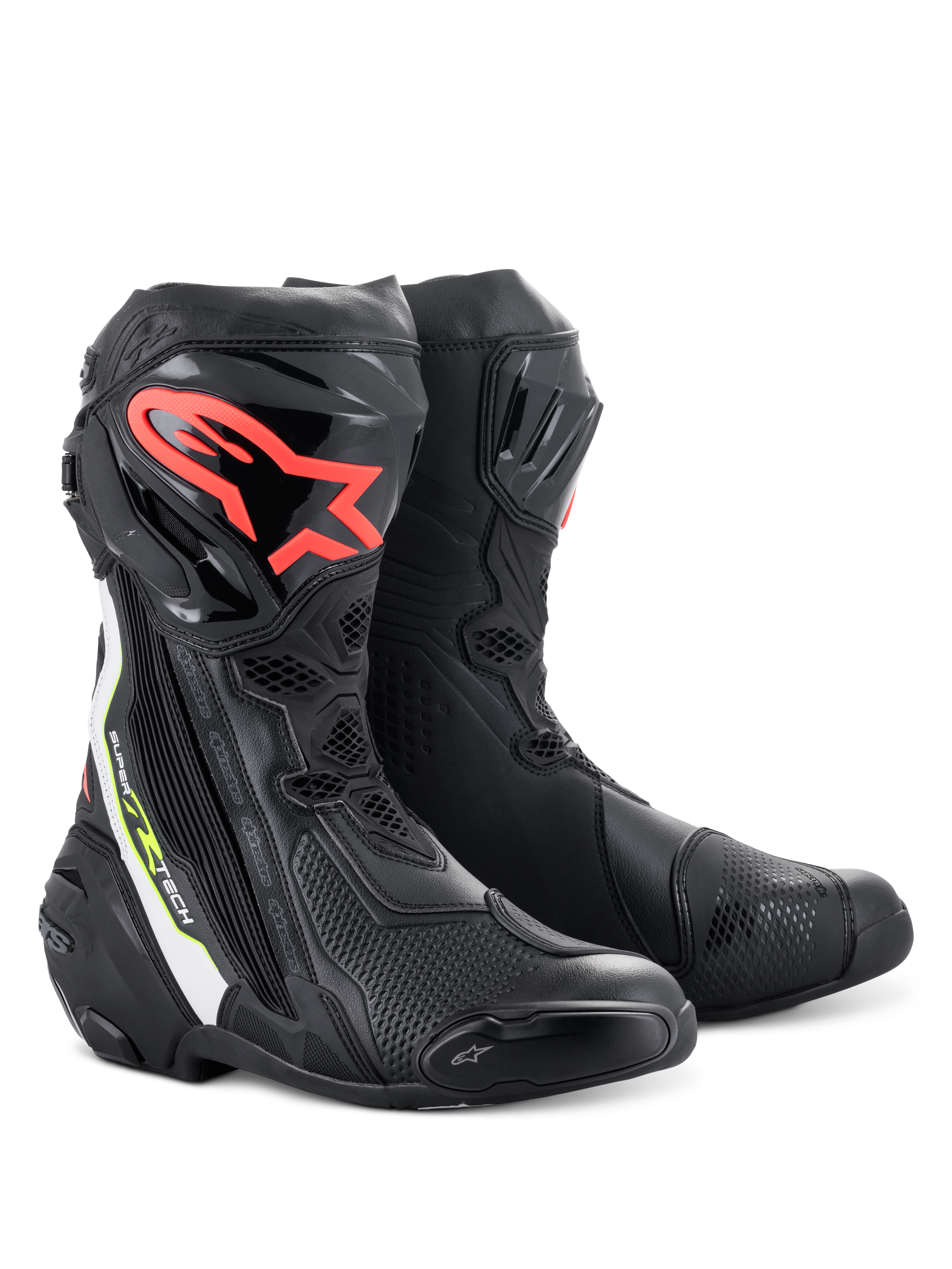 Stivali Alpinestars Supertech R, stivali da moto racing ad alte prestazioni, neri con logo Alpinestars rosso sullo stinco, accenti bianchi e giallo fluorescente, con costruzione in microfibra tecnica e piastre para-stinco protettive in TPU
