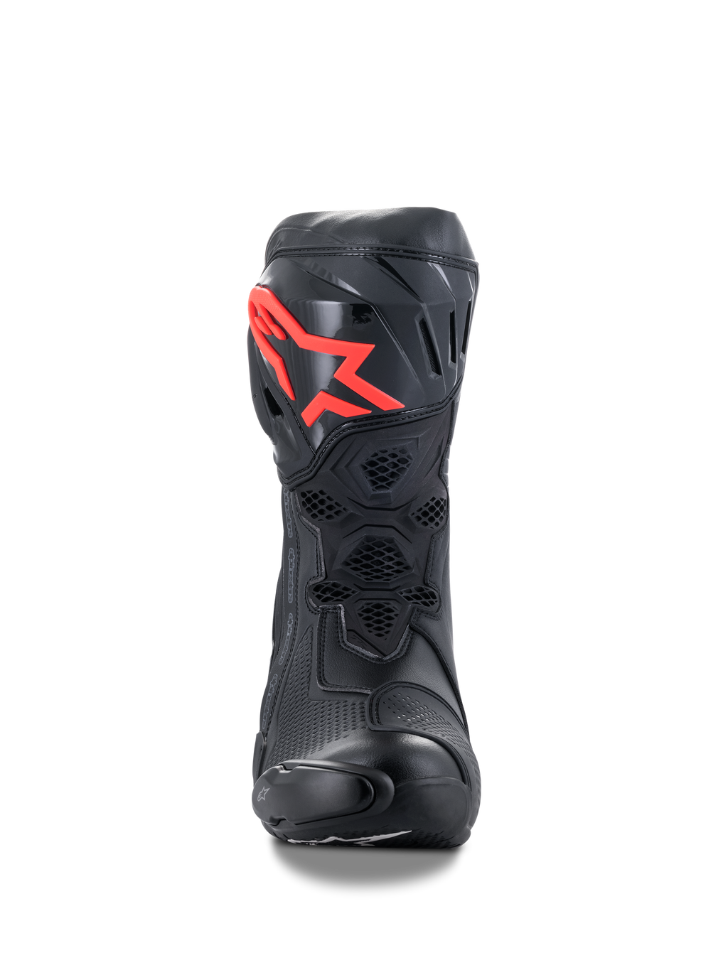 Stivali Alpinestars Supertech R, stivali da moto racing ad alte prestazioni, neri con logo rosso, vista frontale con piastra parastinchi protettiva in TPU, ventilazione a rete a nido d'ape e design racing aerodinamico