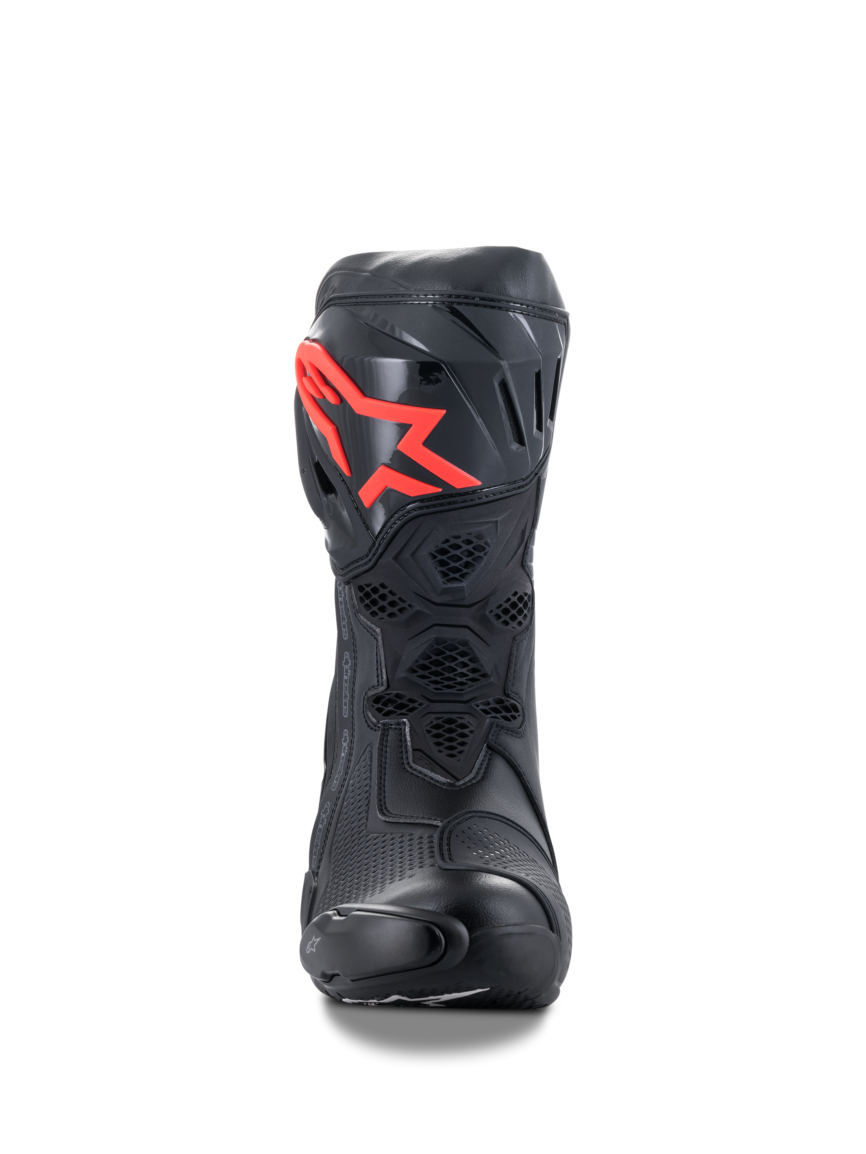 Stivali Alpinestars Supertech R, stivali da moto racing ad alte prestazioni, neri con logo rosso, vista frontale con piastra parastinchi protettiva in TPU, ventilazione a rete a nido d'ape e design racing aerodinamico