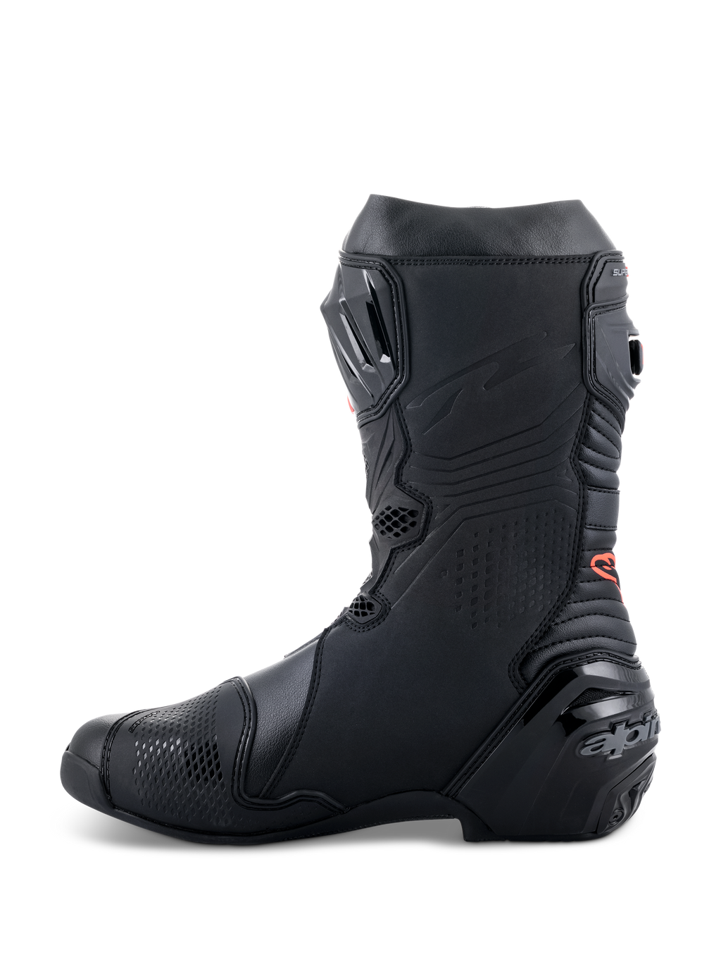Stivali Alpinestars Supertech R, stivali da moto racing ad alte prestazioni, elegante design total black con dettagli del logo rosso, profilo laterale con tallone rinforzato e pannelli di protezione in TPU