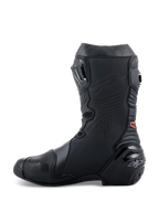 Stivali Alpinestars Supertech R, stivali da moto racing ad alte prestazioni, elegante design total black con dettagli del logo rosso, profilo laterale con tallone rinforzato e pannelli di protezione in TPU