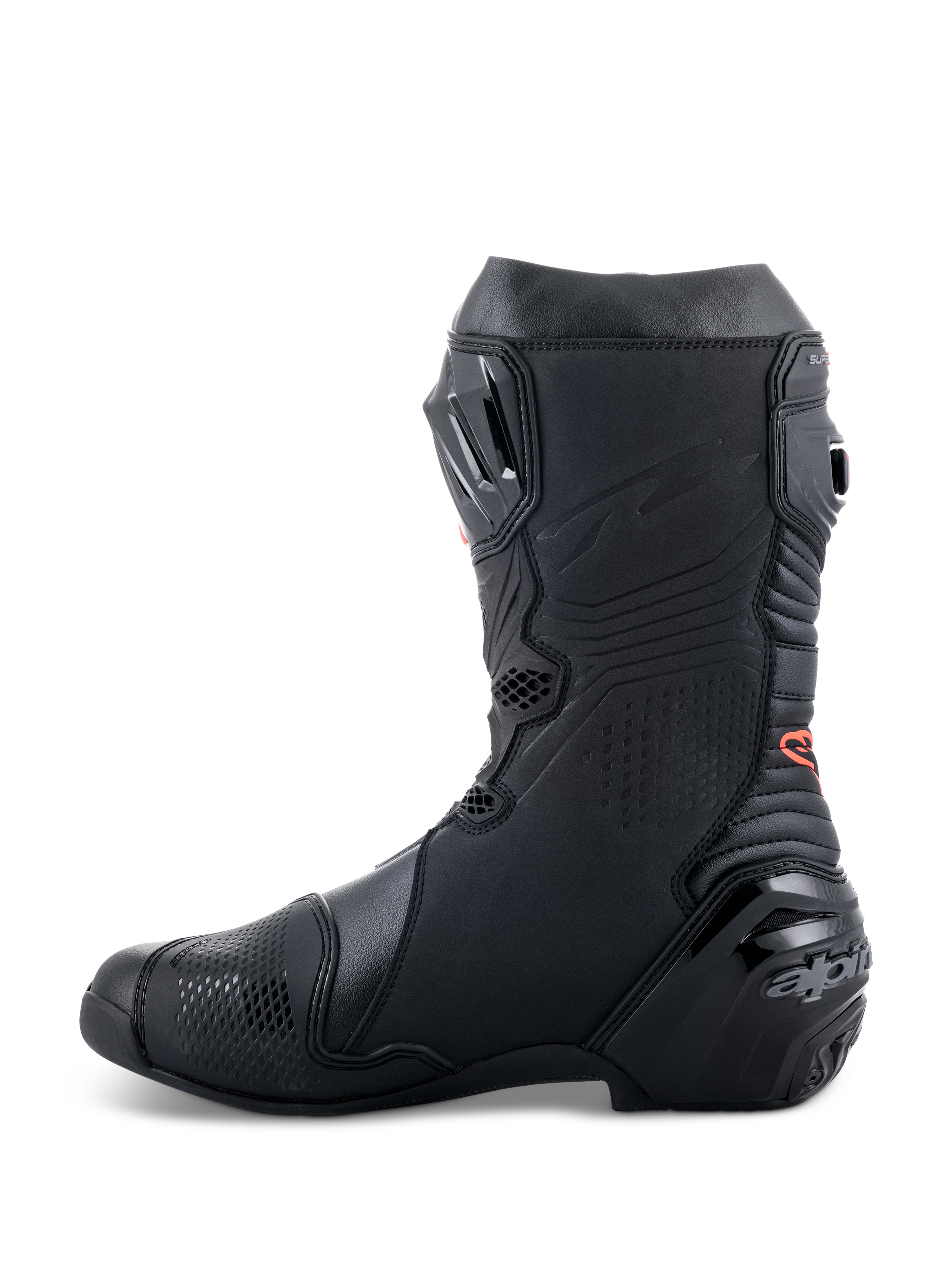 Stivali Alpinestars Supertech R, stivali da moto racing ad alte prestazioni, elegante design total black con dettagli del logo rosso, profilo laterale con tallone rinforzato e pannelli di protezione in TPU