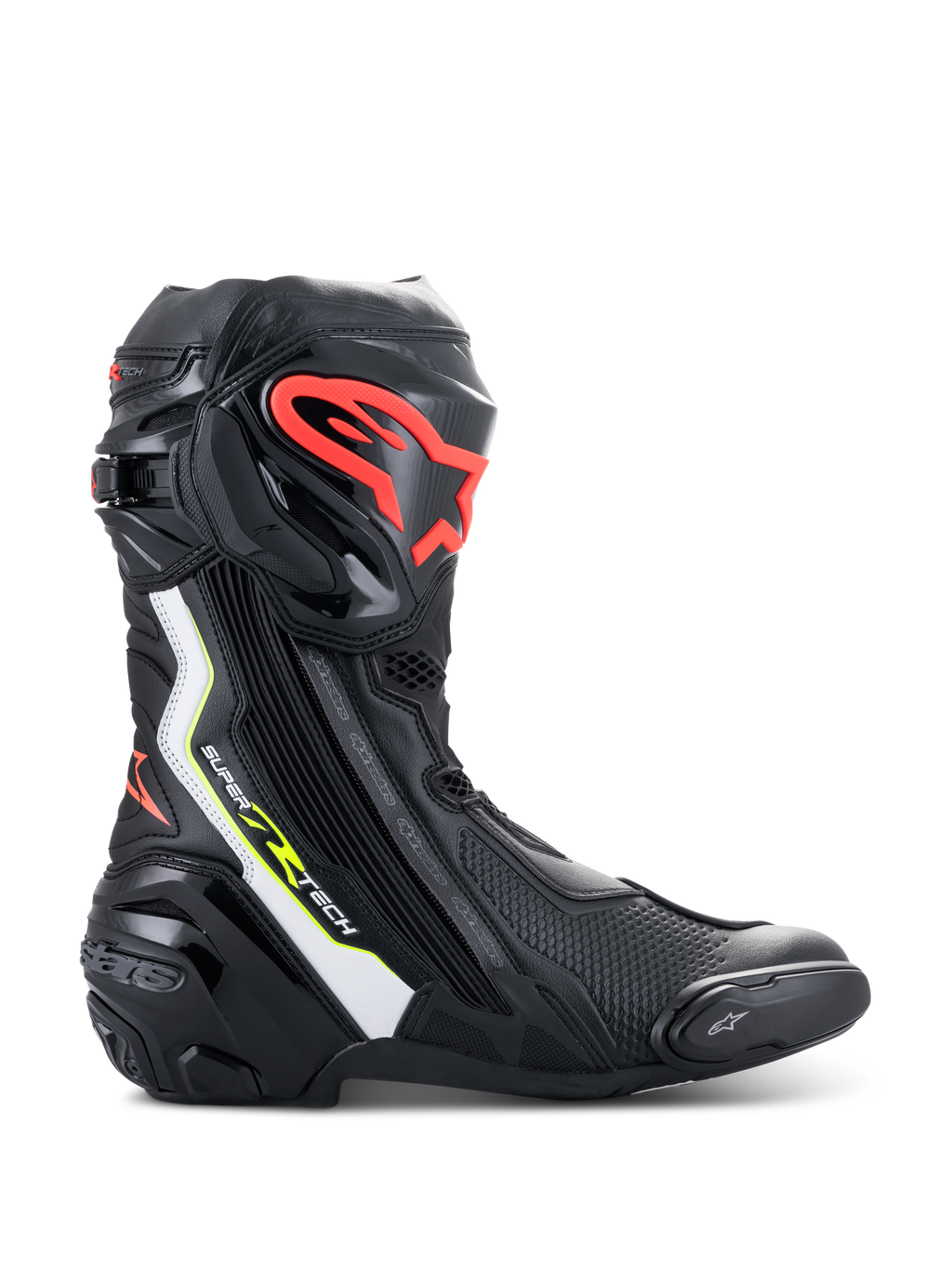 Stivali Alpinestars Supertech R, stivali da moto ad alte prestazioni, nero con accenti bianco, rosso fluo e giallo fluo, piastra parastinchi protettiva in TPU con logo rosso, slider sostituibile sulla punta, profilo aerodinamico.
