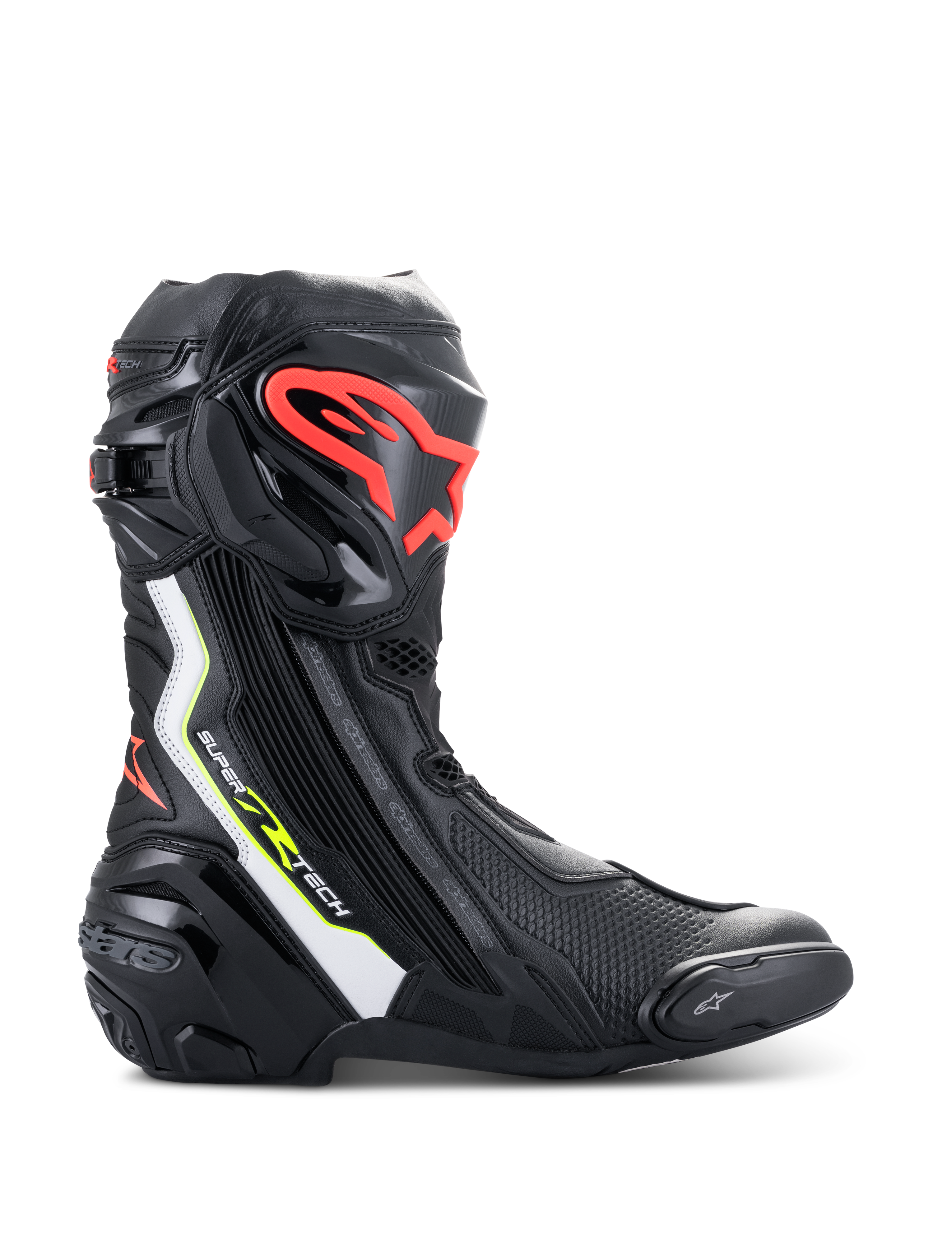 Stivali Alpinestars Supertech R, stivali da moto ad alte prestazioni, nero con accenti bianco, rosso fluo e giallo fluo, piastra parastinchi protettiva in TPU con logo rosso, slider sostituibile sulla punta, profilo aerodinamico.