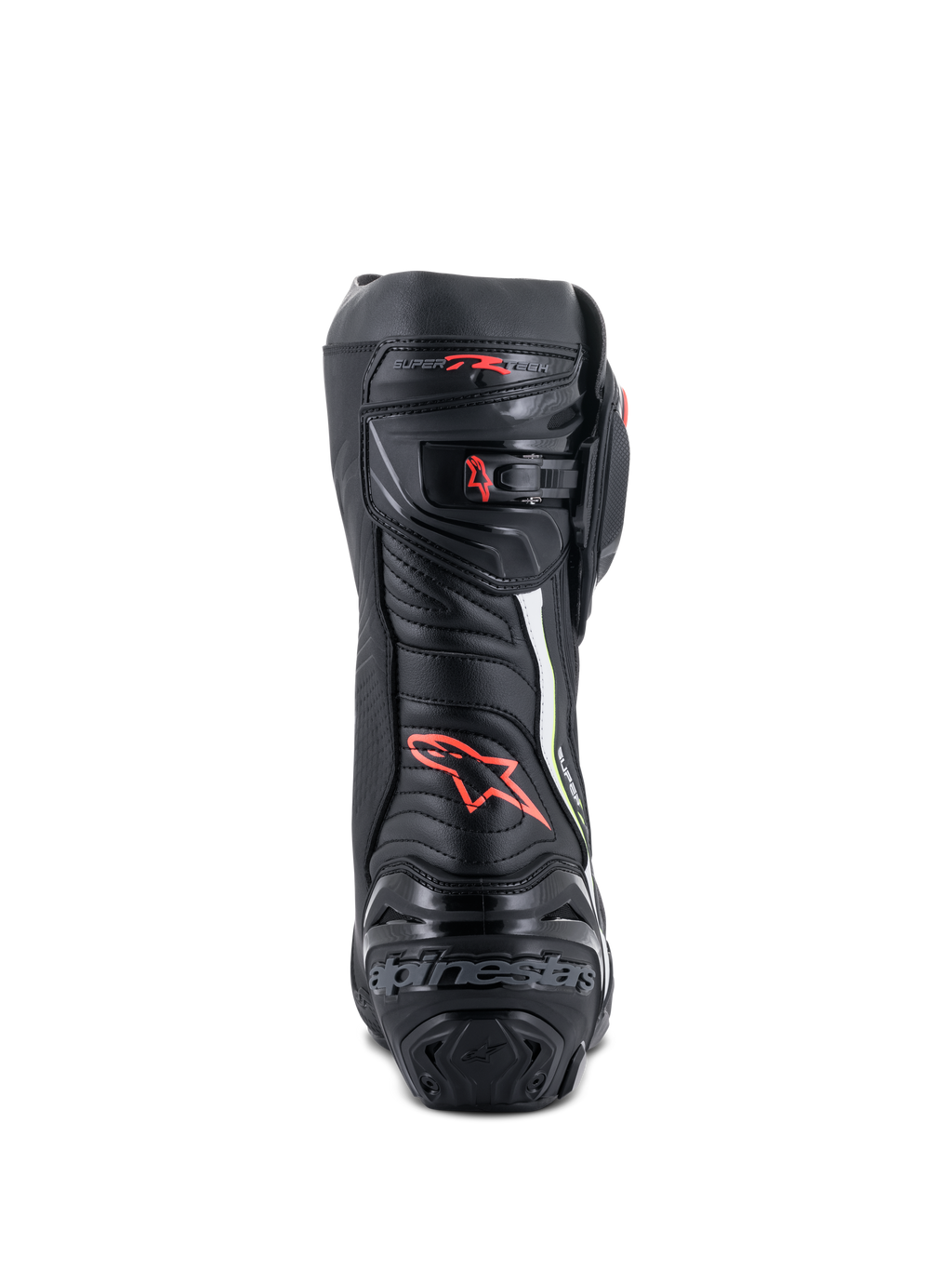 Stivali Alpinestars Supertech R, stivali da moto racing ad alte prestazioni, vista posteriore in nero con accenti rosso e giallo fluo, dotati di protezione del tallone in TPU, chiusura a cricchetto micro-regolabile e loghi distintivi